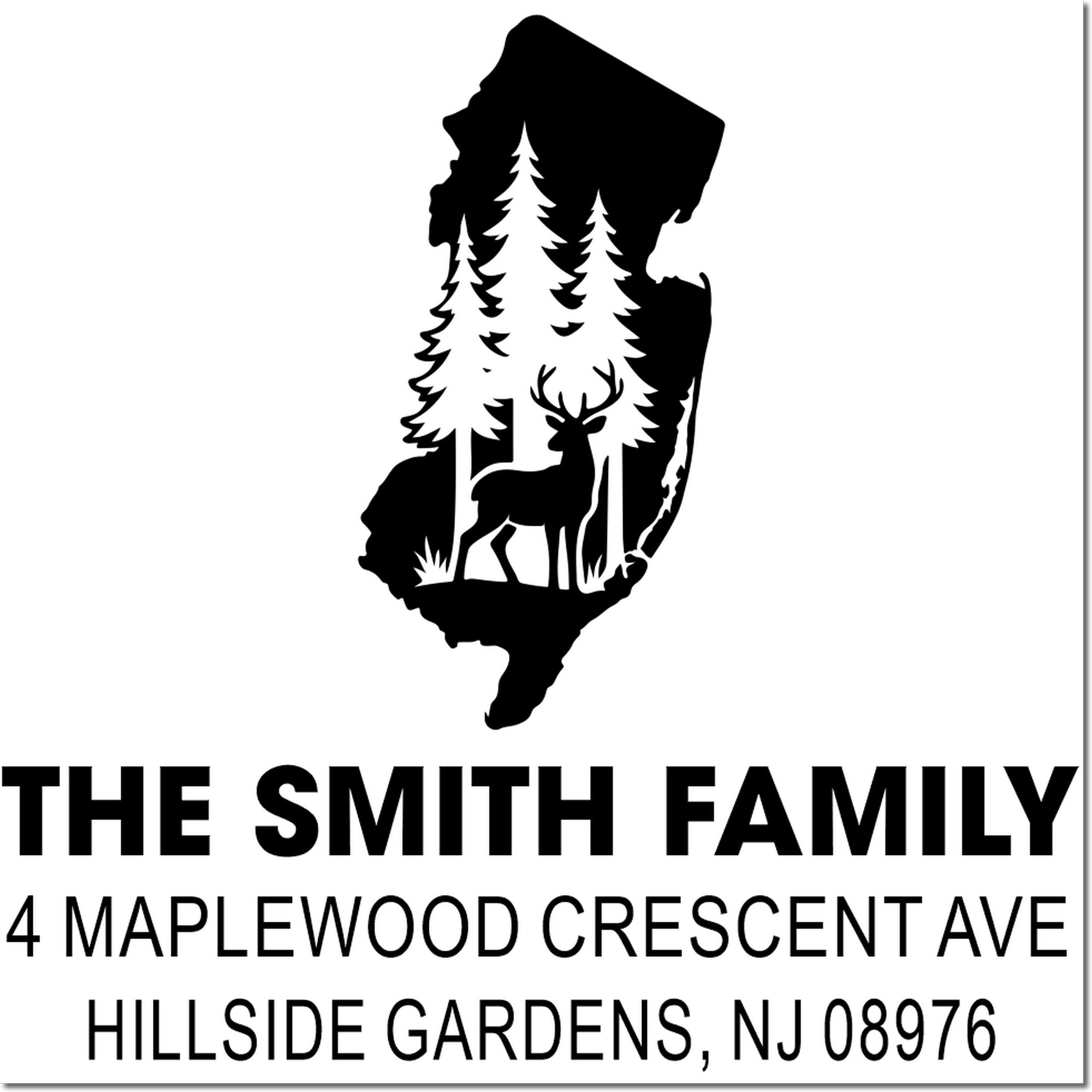 Custom New Jersey return address rubber stamp for The Smith Family, 4 Maplewood Crescent Ave, Hillside Gardens NJ 08976