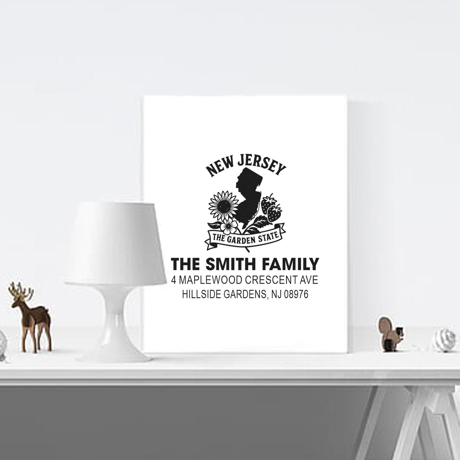 Personalized New Jersey family address rubber stamp design with The Smith Family, Garden State floral motif