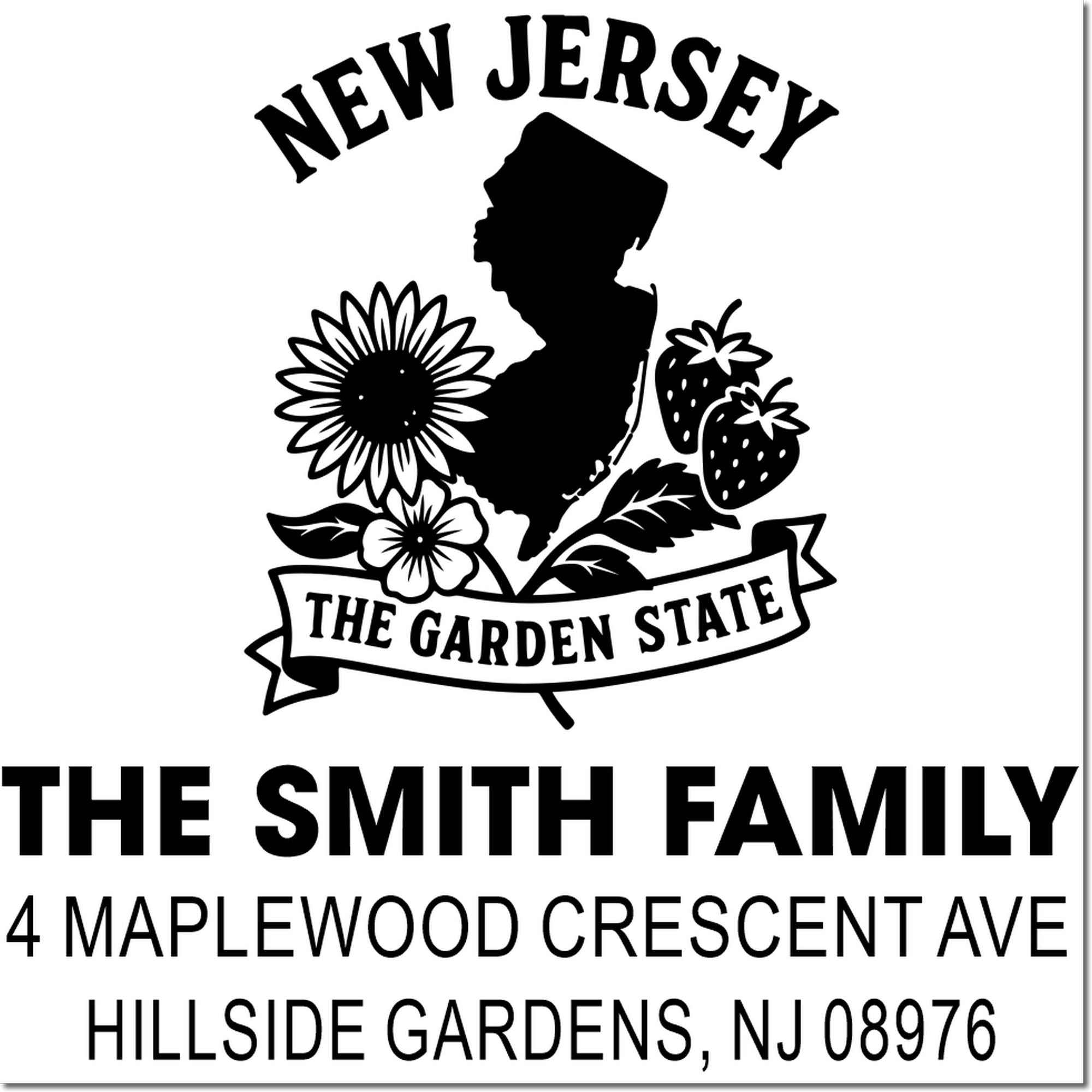 New Jersey custom return address rubber stamp for The Smith Family, featuring Garden State silhouette and Hillside Gardens, NJ.