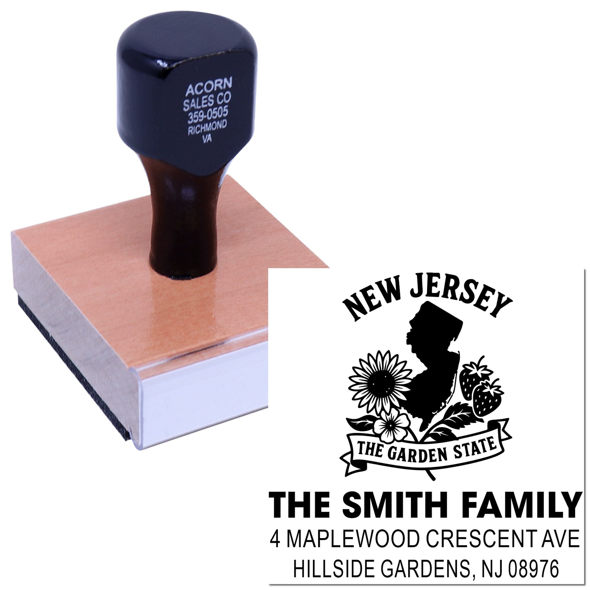 Personalized New Jersey return address rubber stamp for family mailings, featuring state silhouette and custom address.