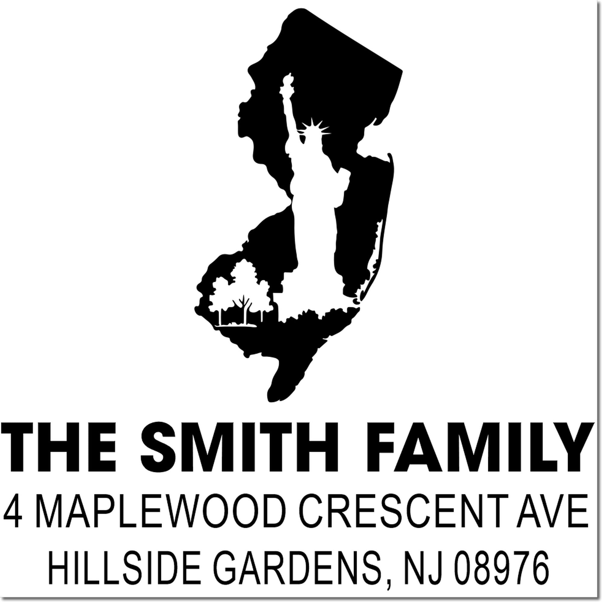 Custom return address rubber stamp for The Smith Family, Hillside Gardens, NJ, with New Jersey and Statue of Liberty design.
