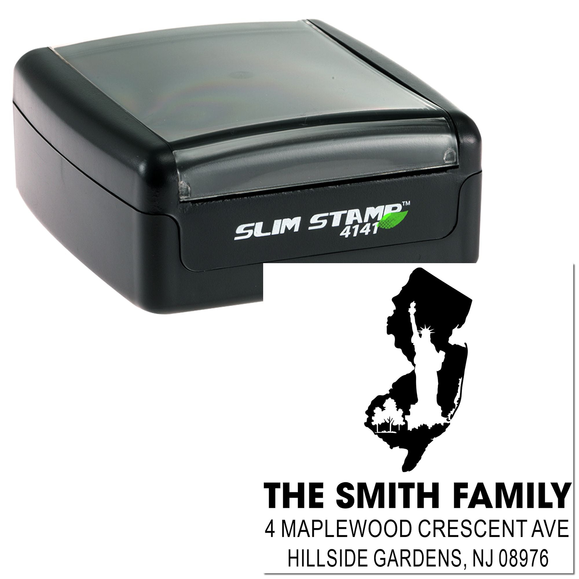 Custom self-inking rubber address stamp with family name, state silhouette, and return mailing address for home use