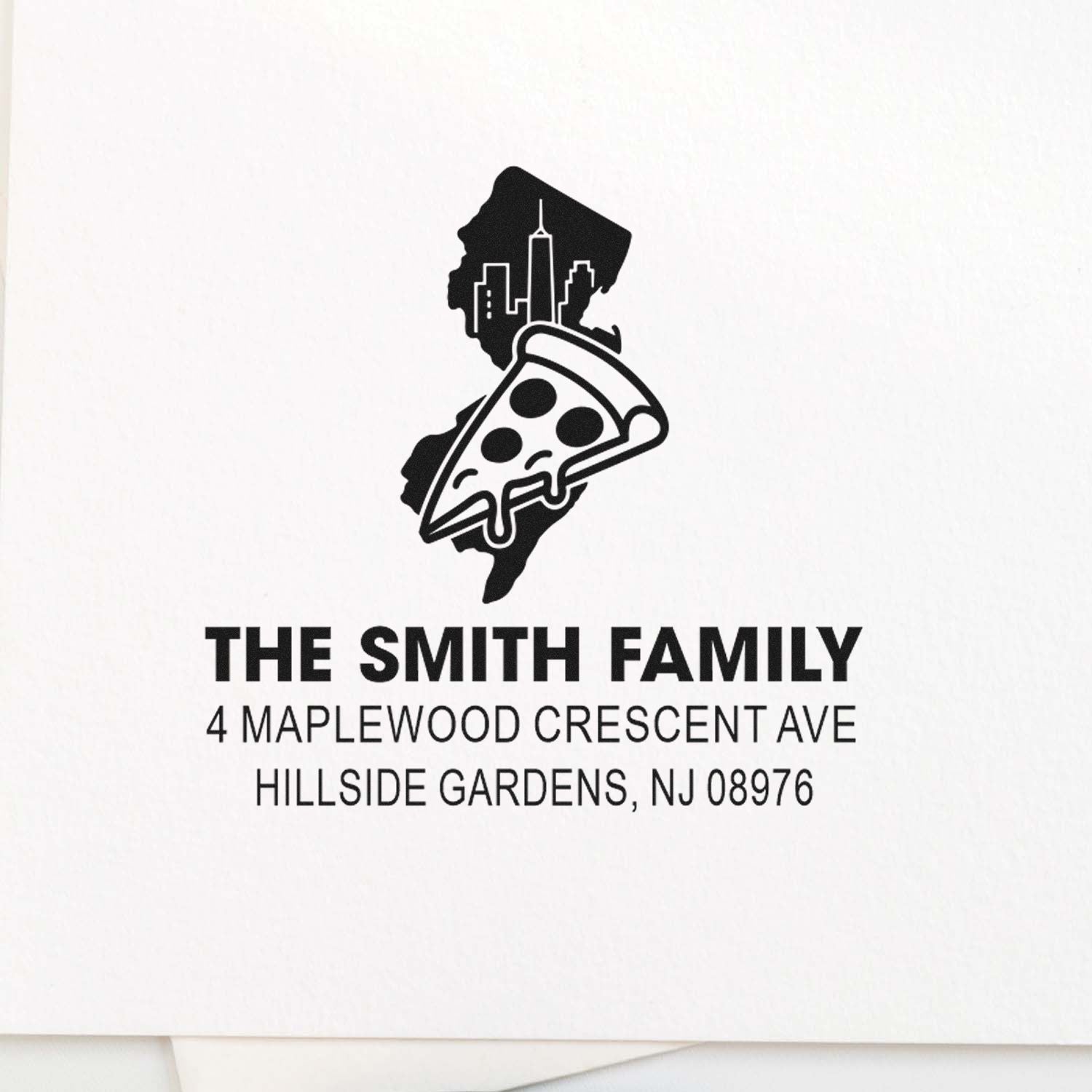 Custom family address rubber stamp with New Jersey skyline and pizza slice logo for The Smith Family, Hillside Gardens NJ.