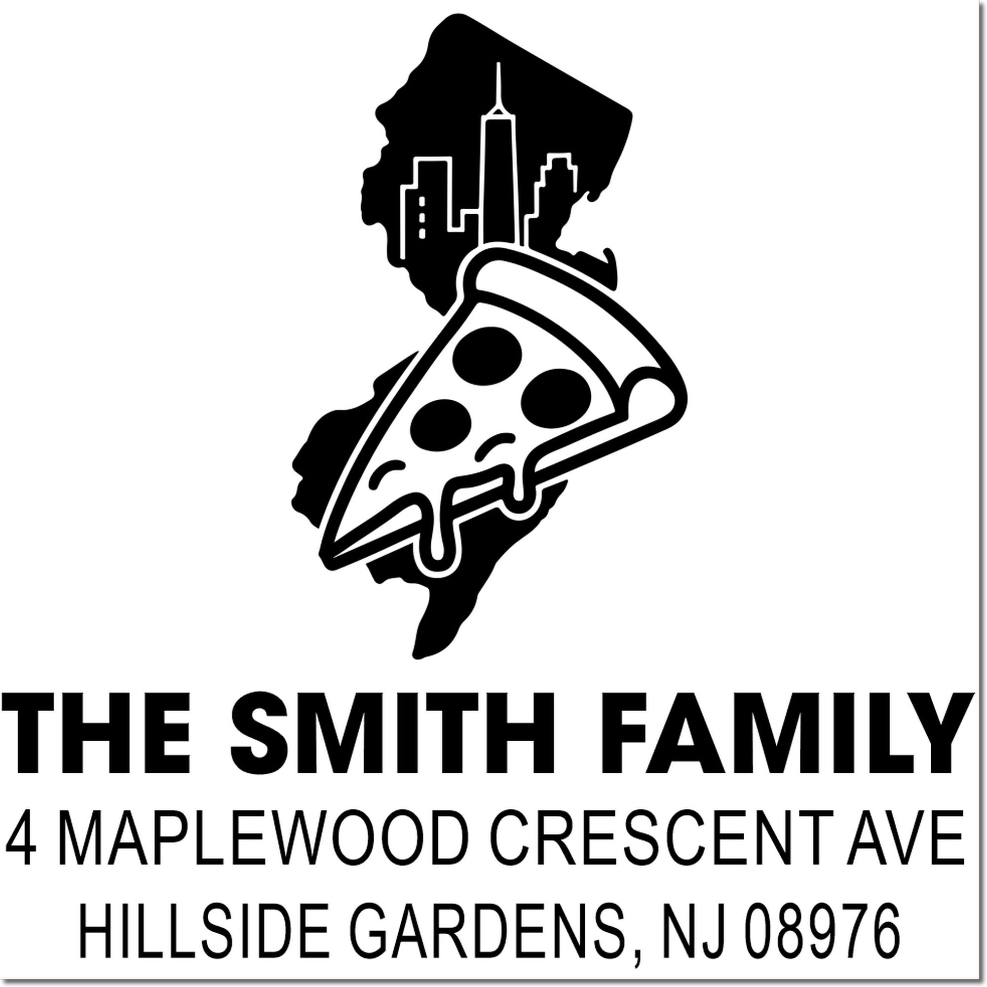 Custom Smith family address rubber stamp with New Jersey pizza logo and Hillside Gardens, NJ return address
