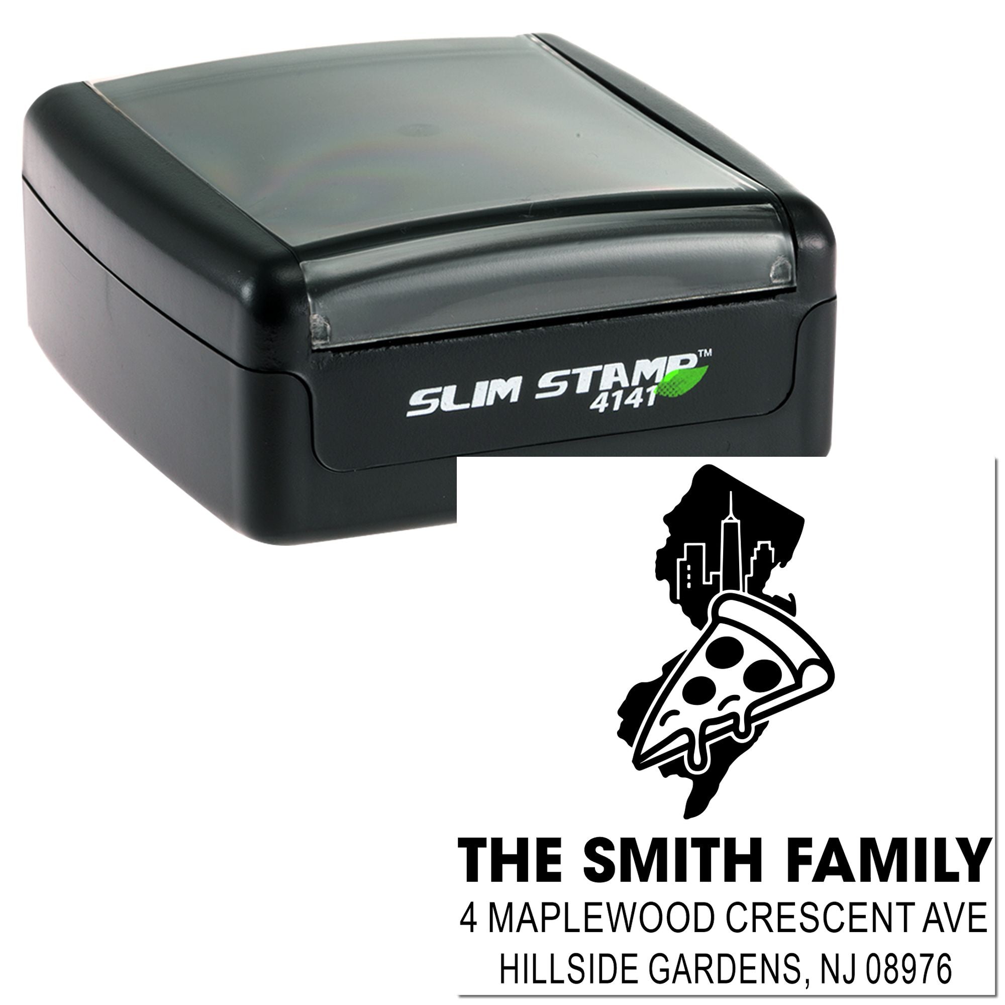 Slim Stamp 4141 custom self-inking rubber address stamp with family name, logo, and mailing address imprint.