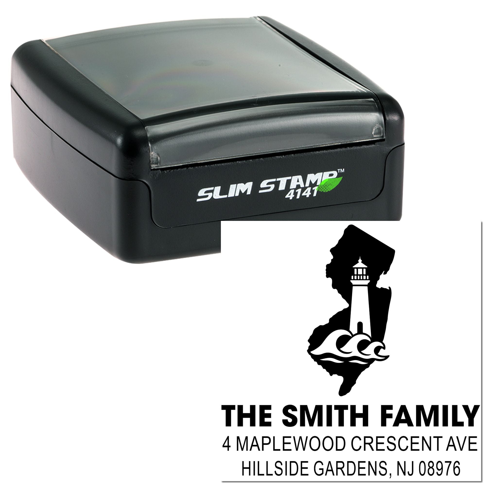Custom self-inking rubber stamp with New Jersey lighthouse return address for The Smith Family mailing labels.