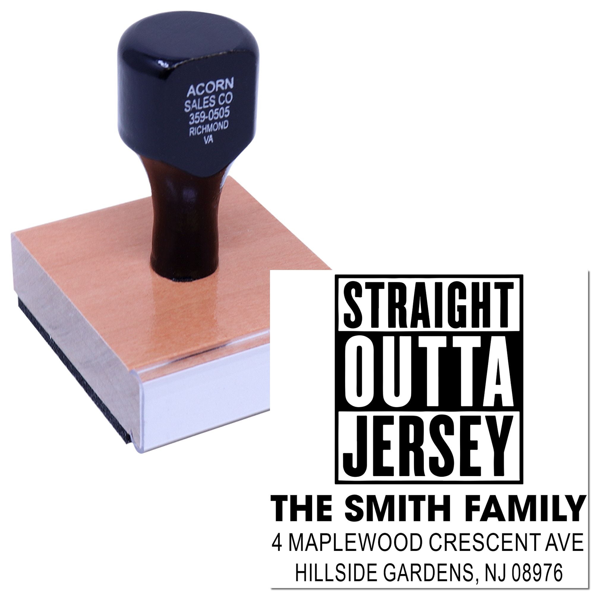 Custom rubber stamp mockup with Straight Outta Jersey return address design for The Smith Family.