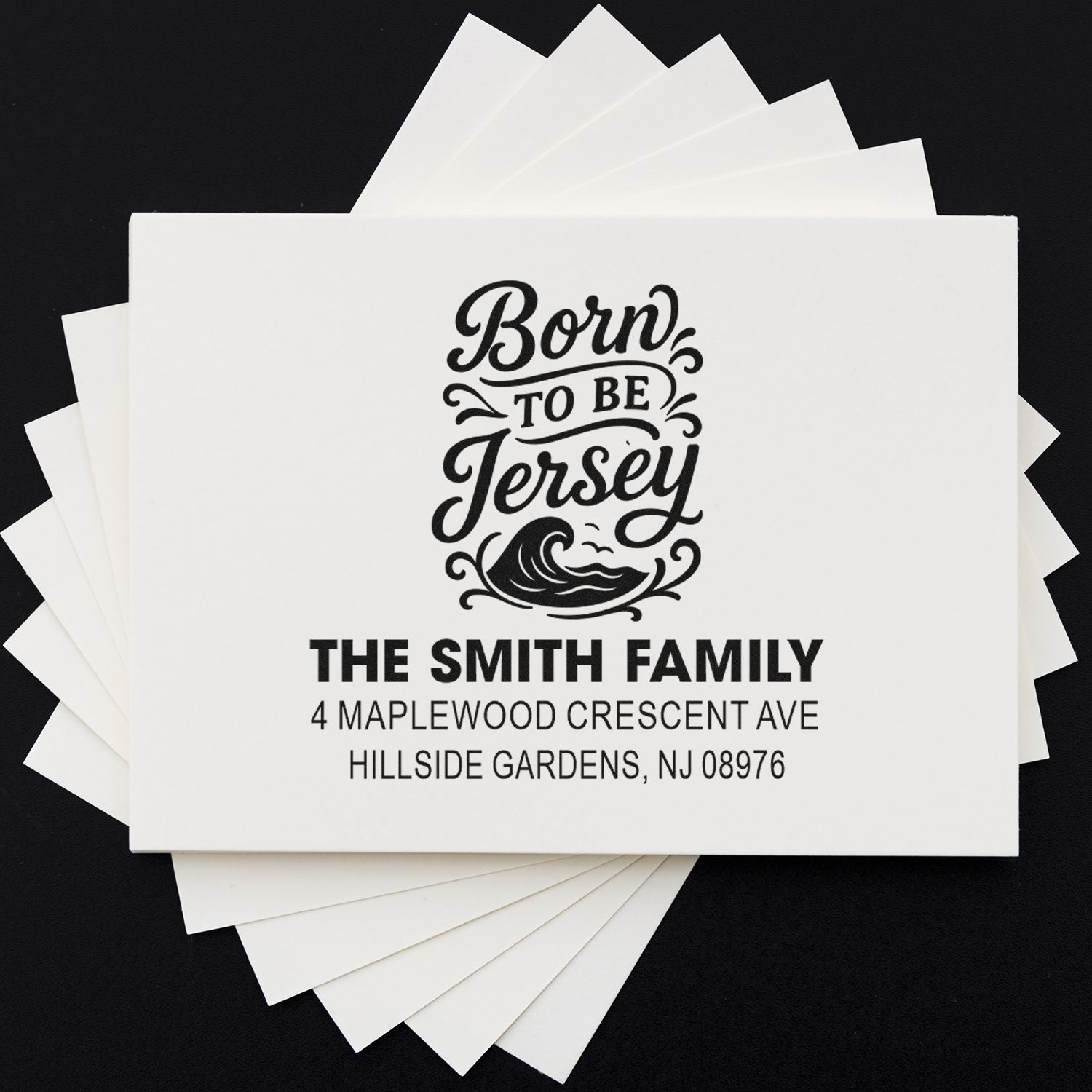Custom rubber return address stamp with Born to Be Jersey design for the Smith family mailing labels and stationery.