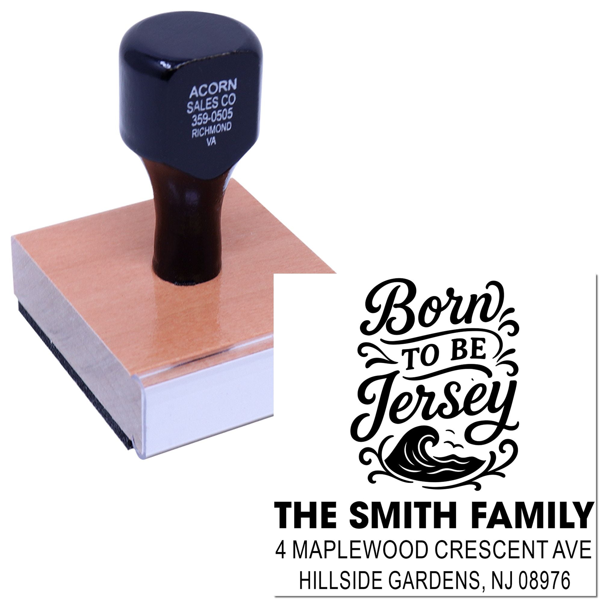 Custom rubber stamp with Born to Be Jersey design and return address imprint for personalized mail and craft use.