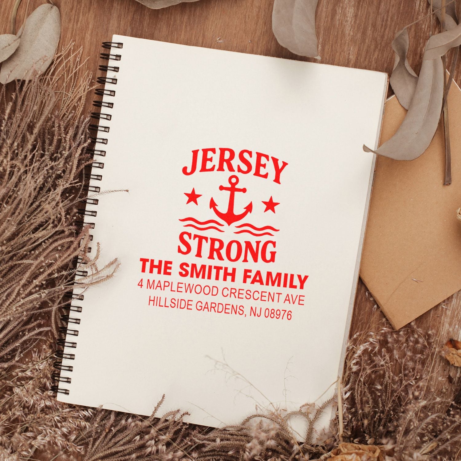 Custom Jersey Strong address rubber stamp with anchor design for The Smith Family, New Jersey.