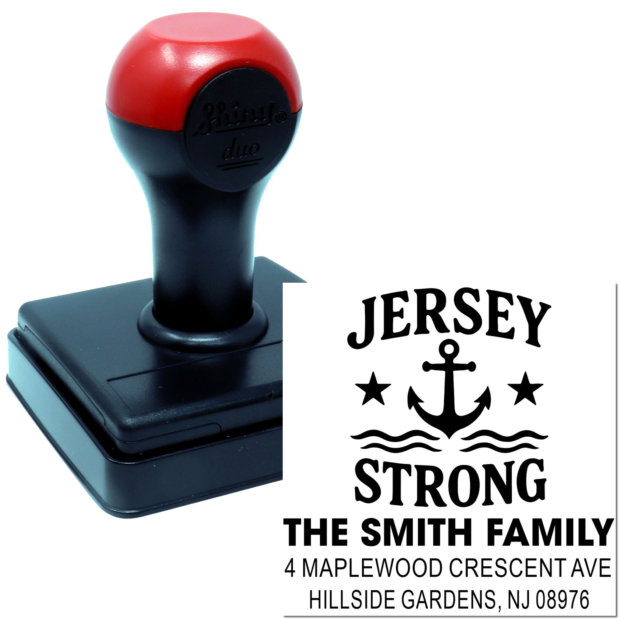 Custom address rubber stamp with Jersey Strong anchor design and Hillside Gardens, NJ return address.