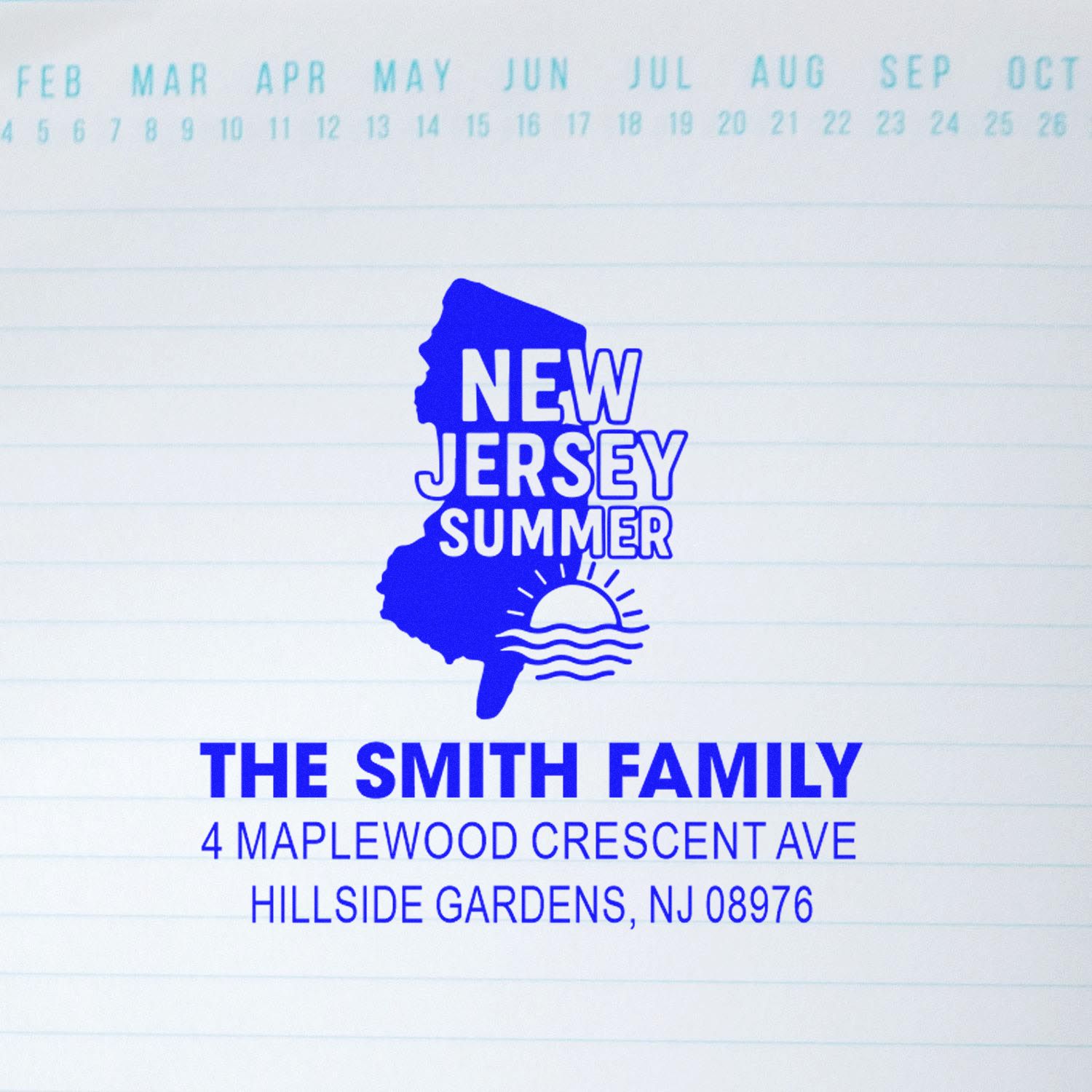 Custom New Jersey summer address rubber stamp for The Smith Family, with NJ silhouette, sunrise icon and mailing address.