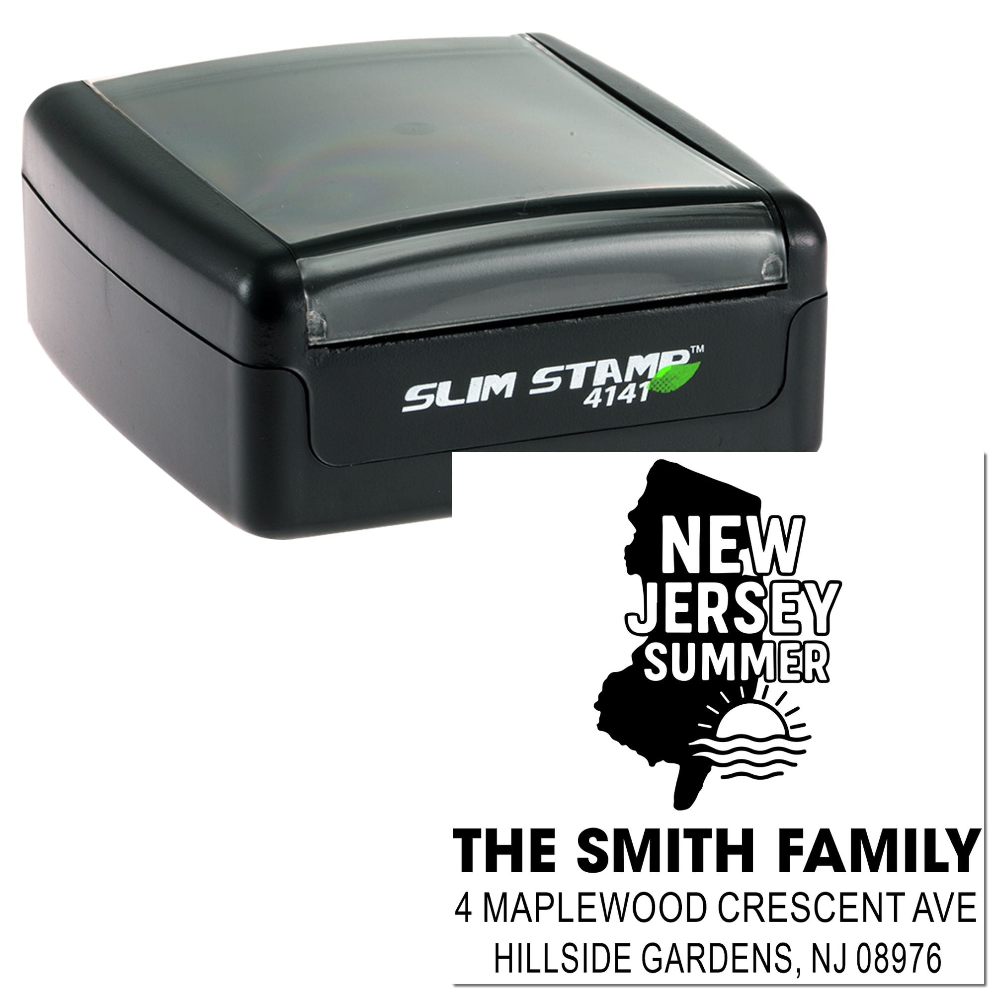 Slim Stamp 4141 custom self-inking address rubber stamp with New Jersey family return address design.