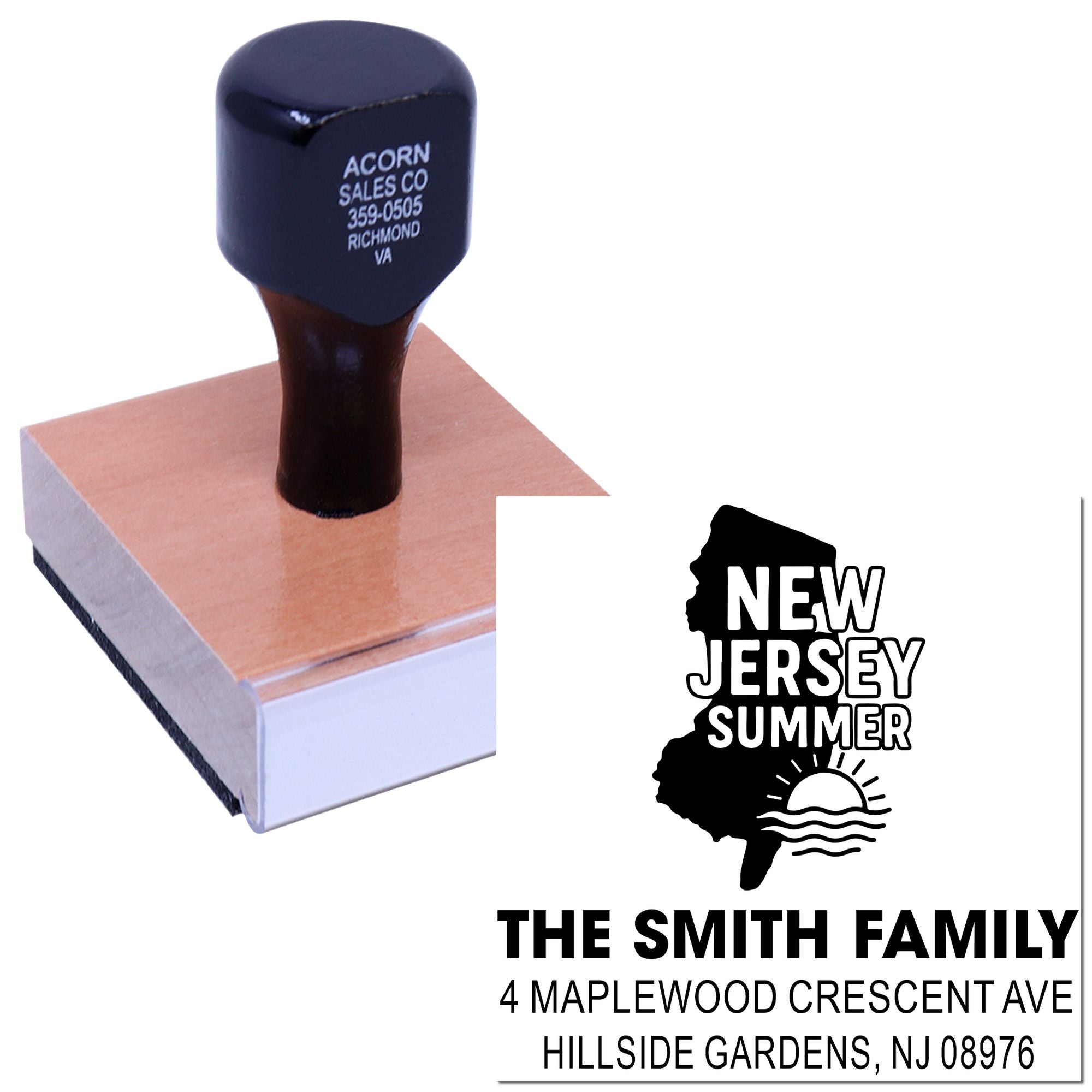 Custom rubber address stamp with New Jersey family return address design for personalized mail and stationery.