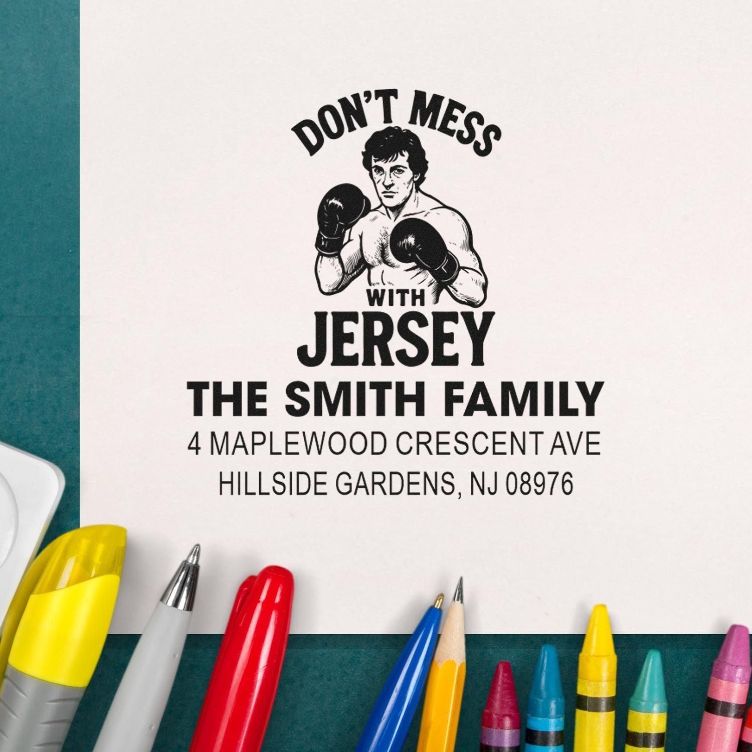 Custom return address rubber stamp with boxer graphic and Dont Mess with Jersey for The Smith Family in Hillside Gardens, NJ