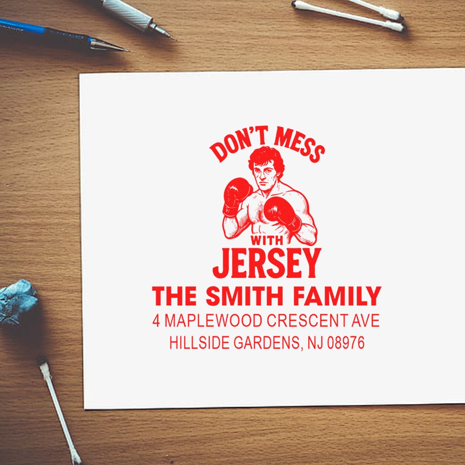 Custom return address rubber stamp with boxing theme, reading Dont Mess with Jersey for The Smith Family, NJ.