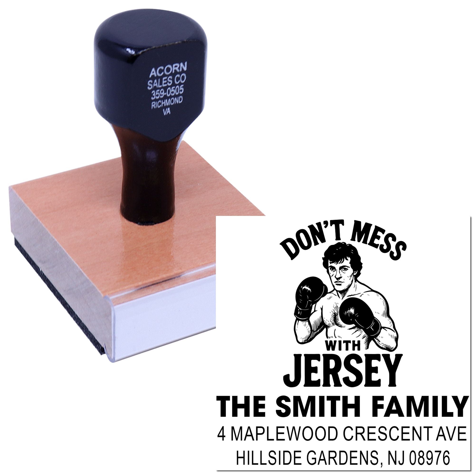 Custom personalized address rubber stamp with boxer design and Dont Mess With Jersey family return address imprint