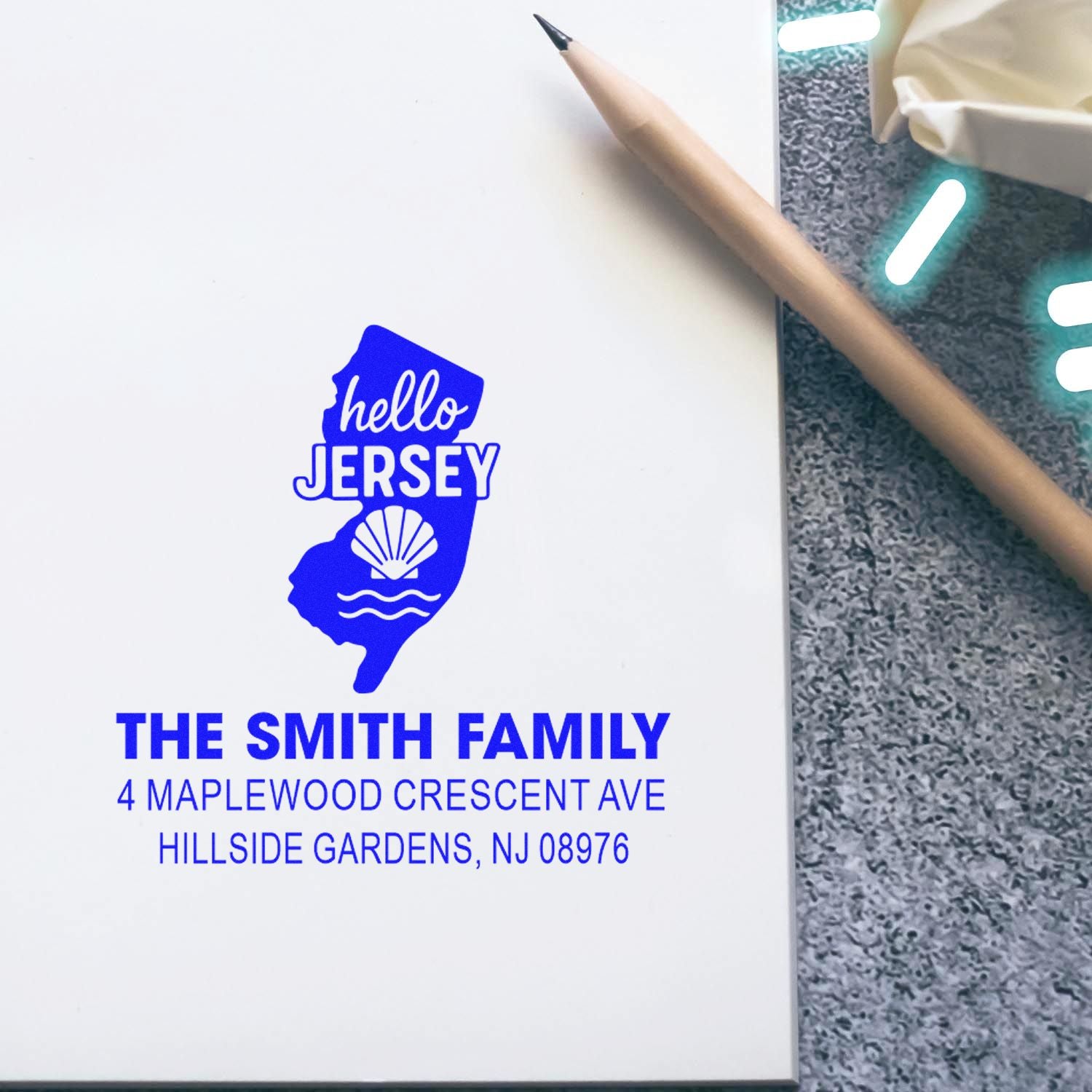Custom rubber stamp imprint with Hello Jersey design and Smith family address, ideal for personalized return address stamps.