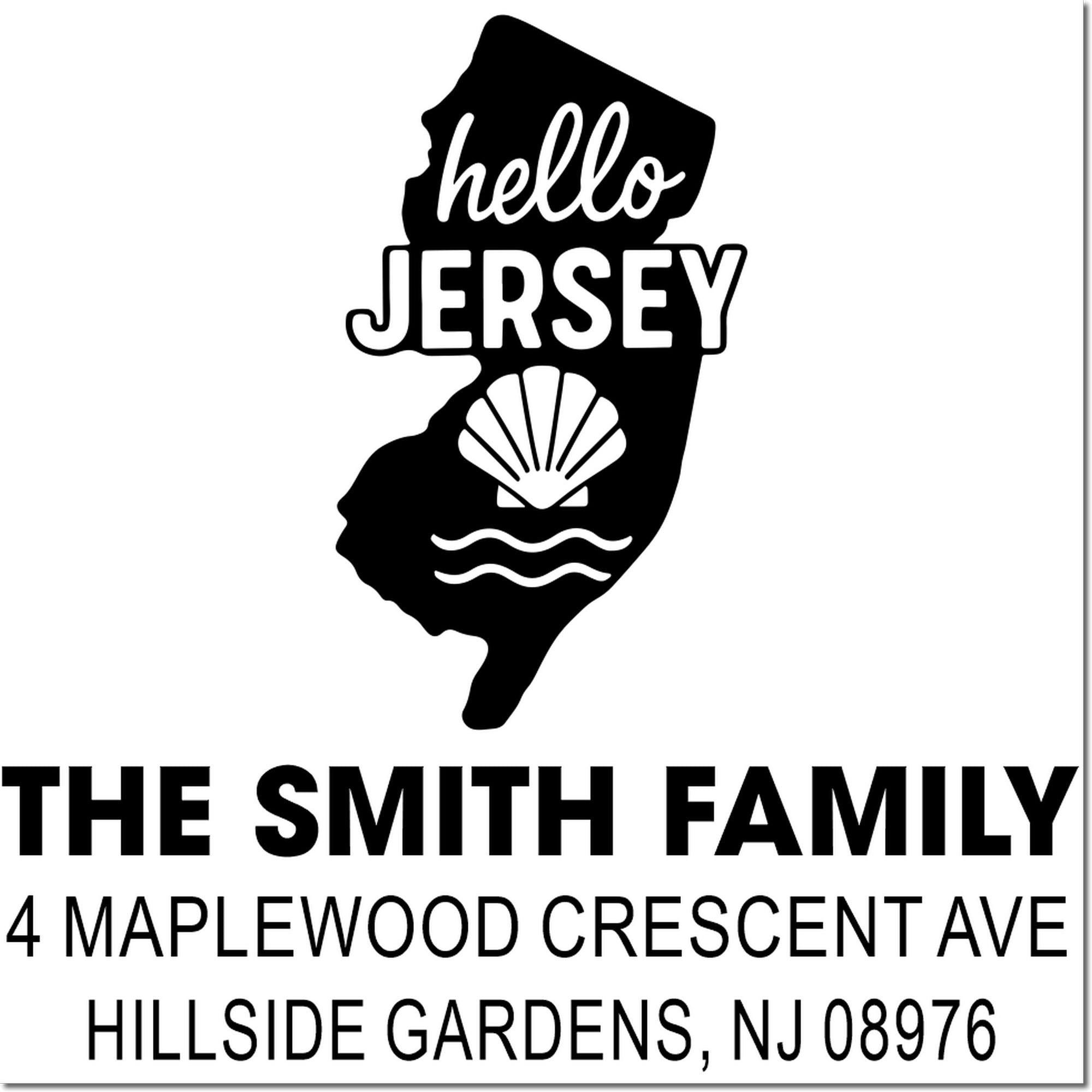 Custom New Jersey return address rubber stamp with Hello Jersey design, seashell icon, and The Smith Family address.