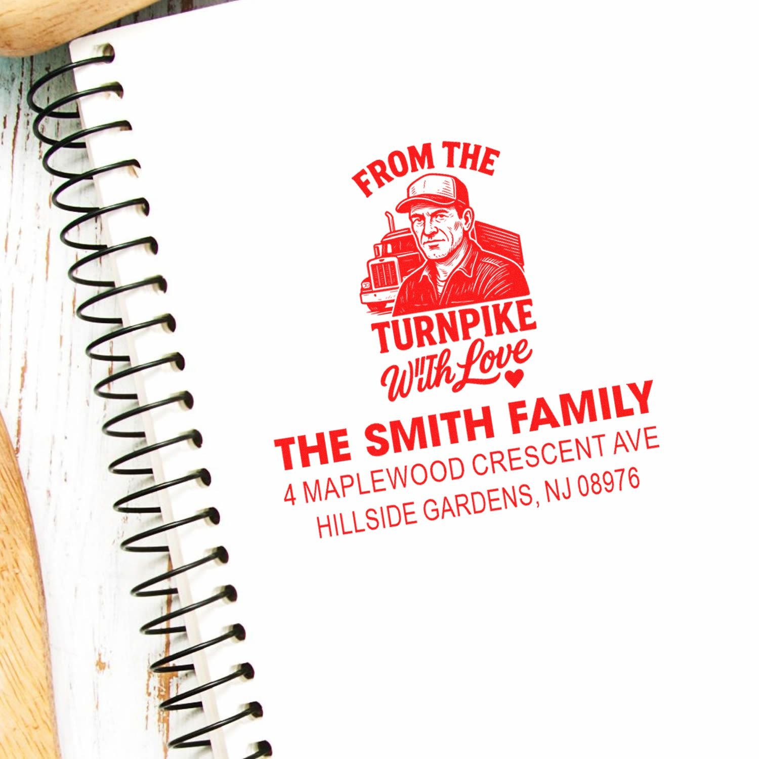 Custom family address rubber stamp with From the Turnpike With Love trucker design for envelopes and packaging.