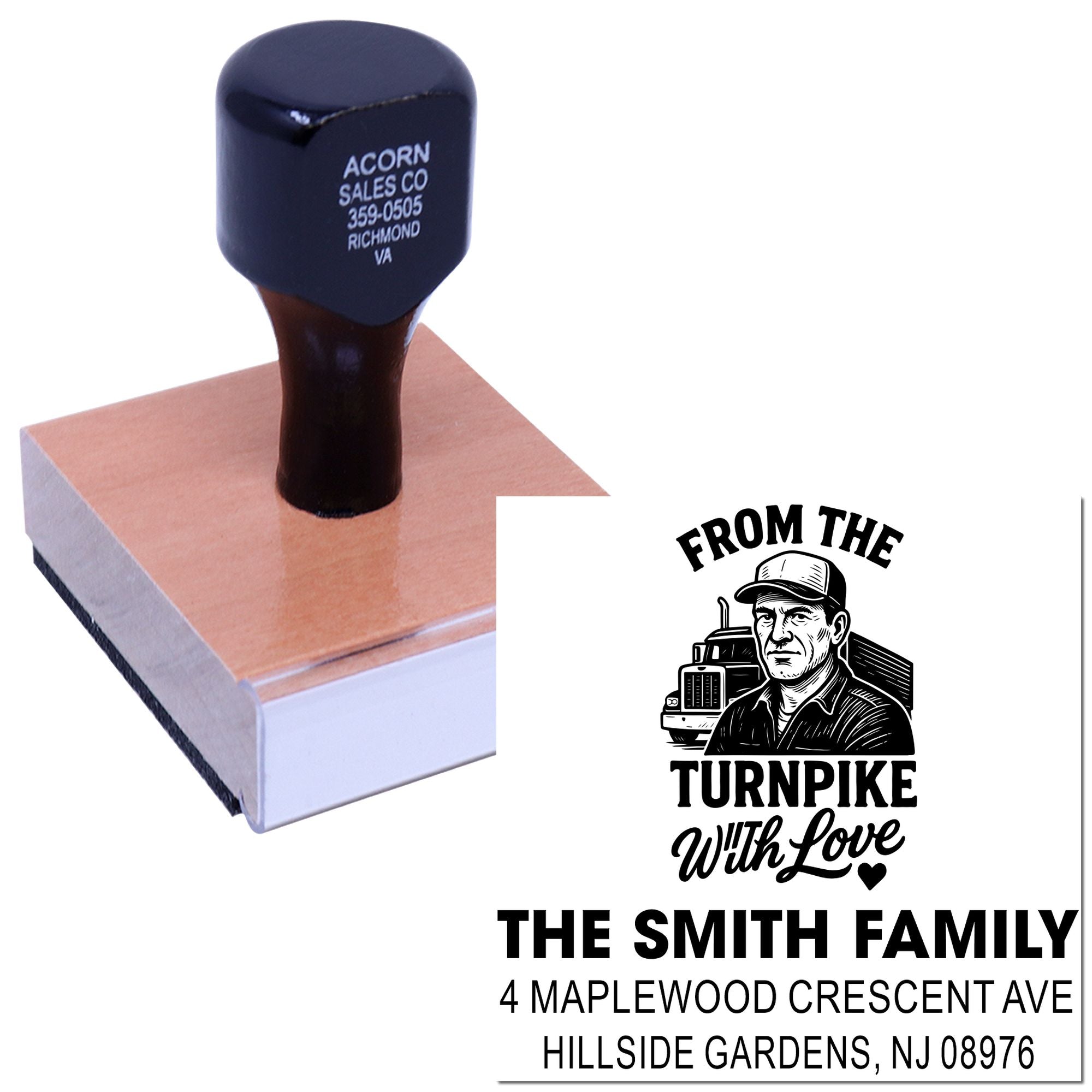 Custom rubber address stamp with truck logo, family name, and Hillside Gardens, NJ return address for personalized mailings