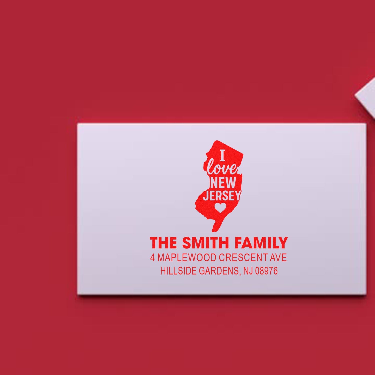 Custom New Jersey return address rubber stamp for The Smith Family with personalized name and mailing address.