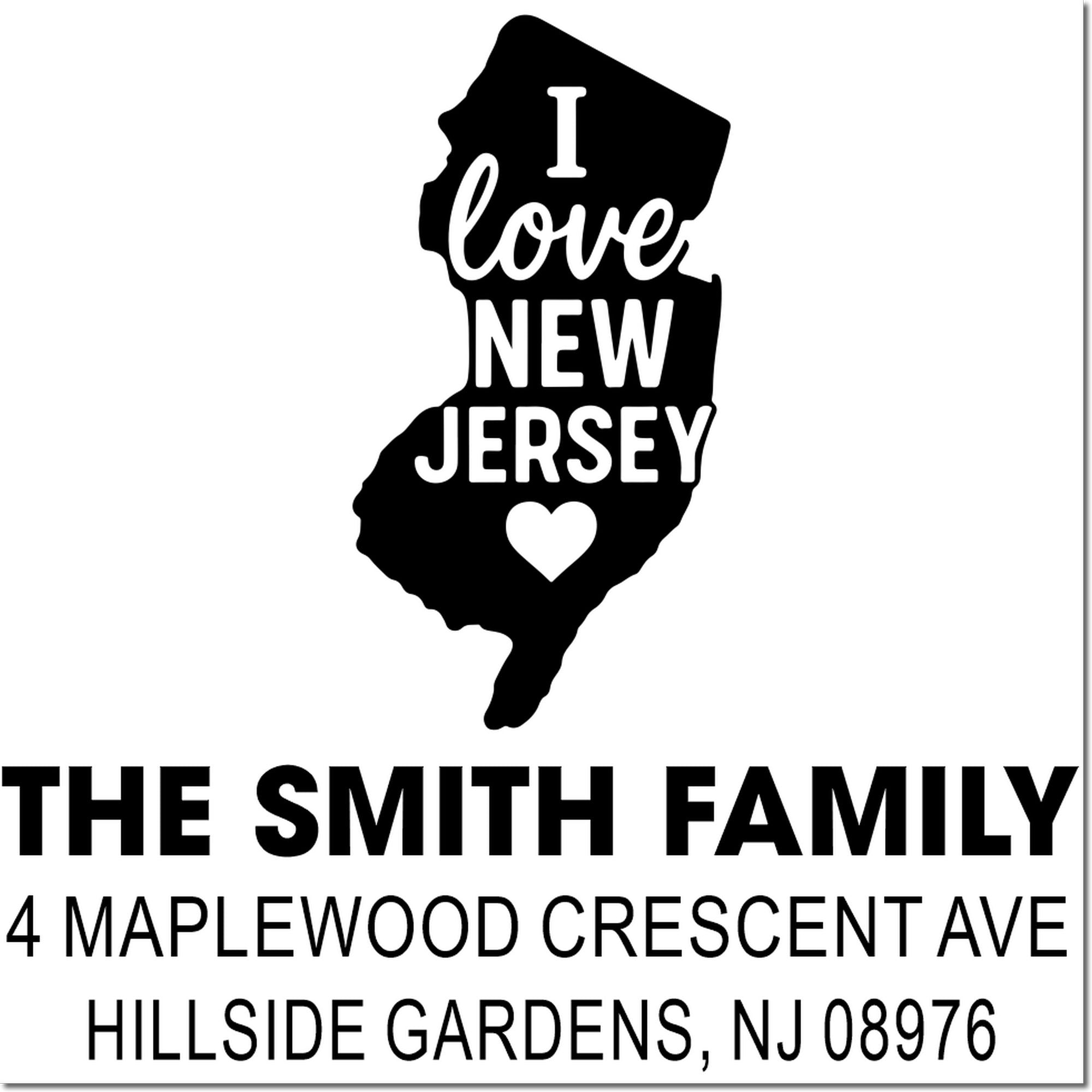 New Jersey return address rubber stamp for The Smith Family, with "I Love New Jersey" design and Hillside Gardens, NJ address.