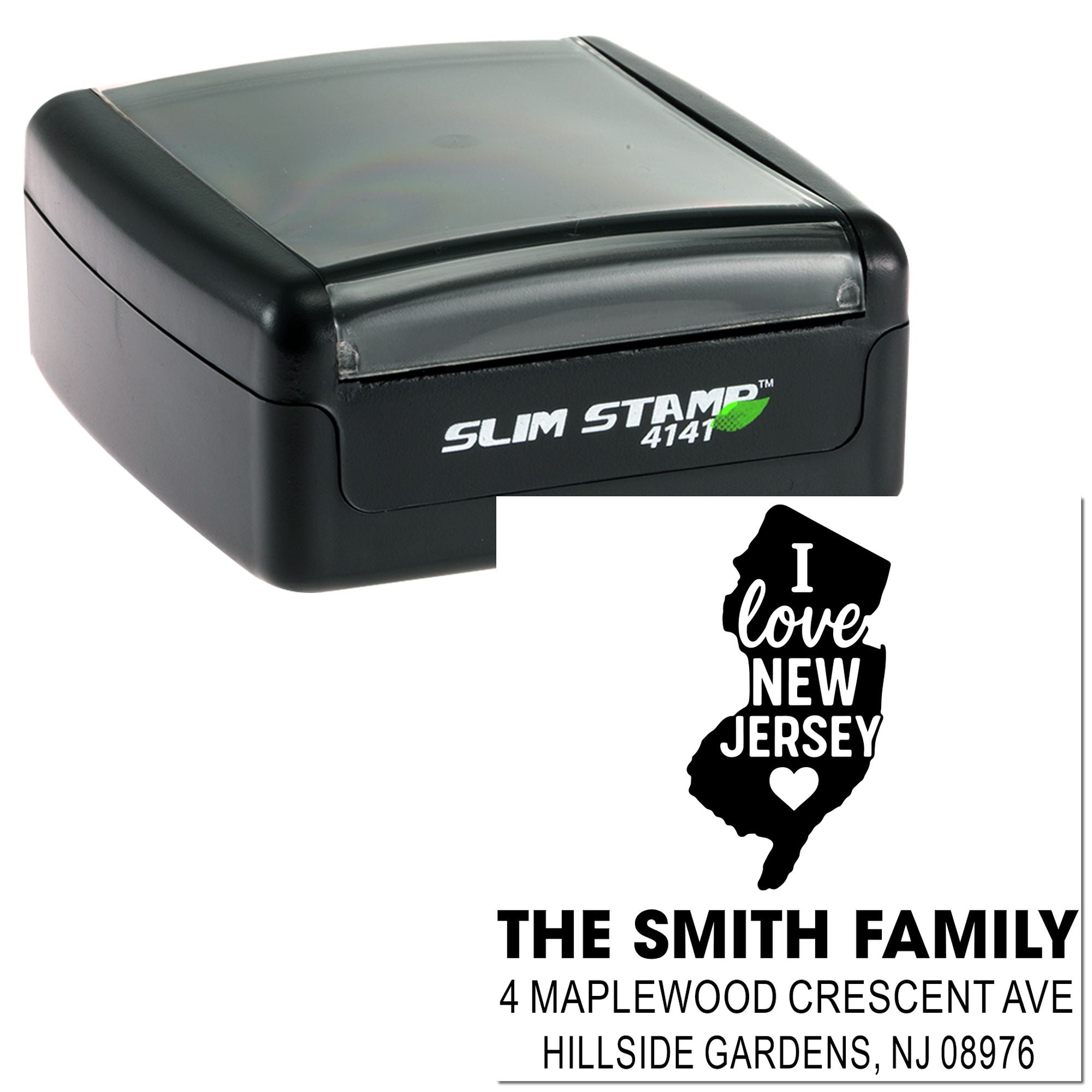 Custom self-inking rubber stamp with New Jersey state design and return address for The Smith Family.