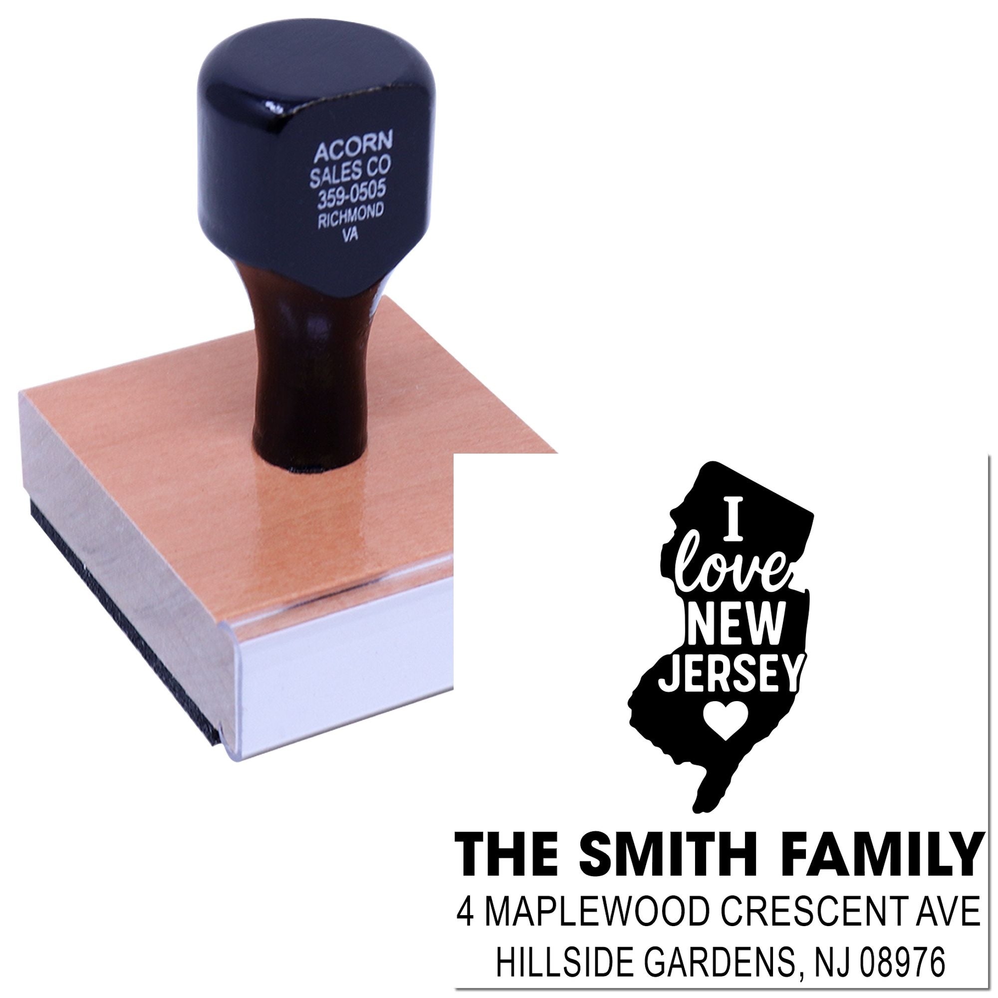 Custom rubber stamp with New Jersey family return address design for personalized envelopes, crafts, and branding.