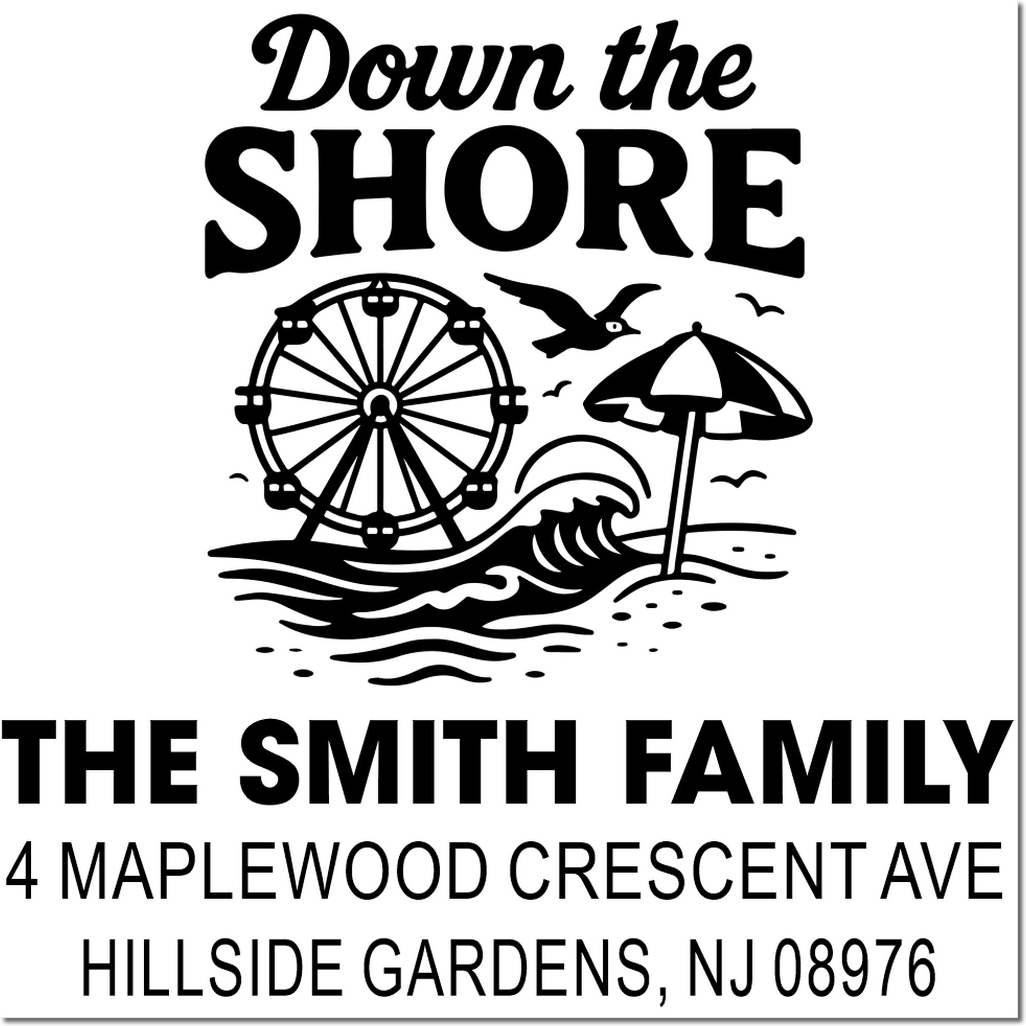 Personalized beach-themed return address rubber stamp for The Smith Family, Hillside Gardens, NJ, with ferris wheel and waves.