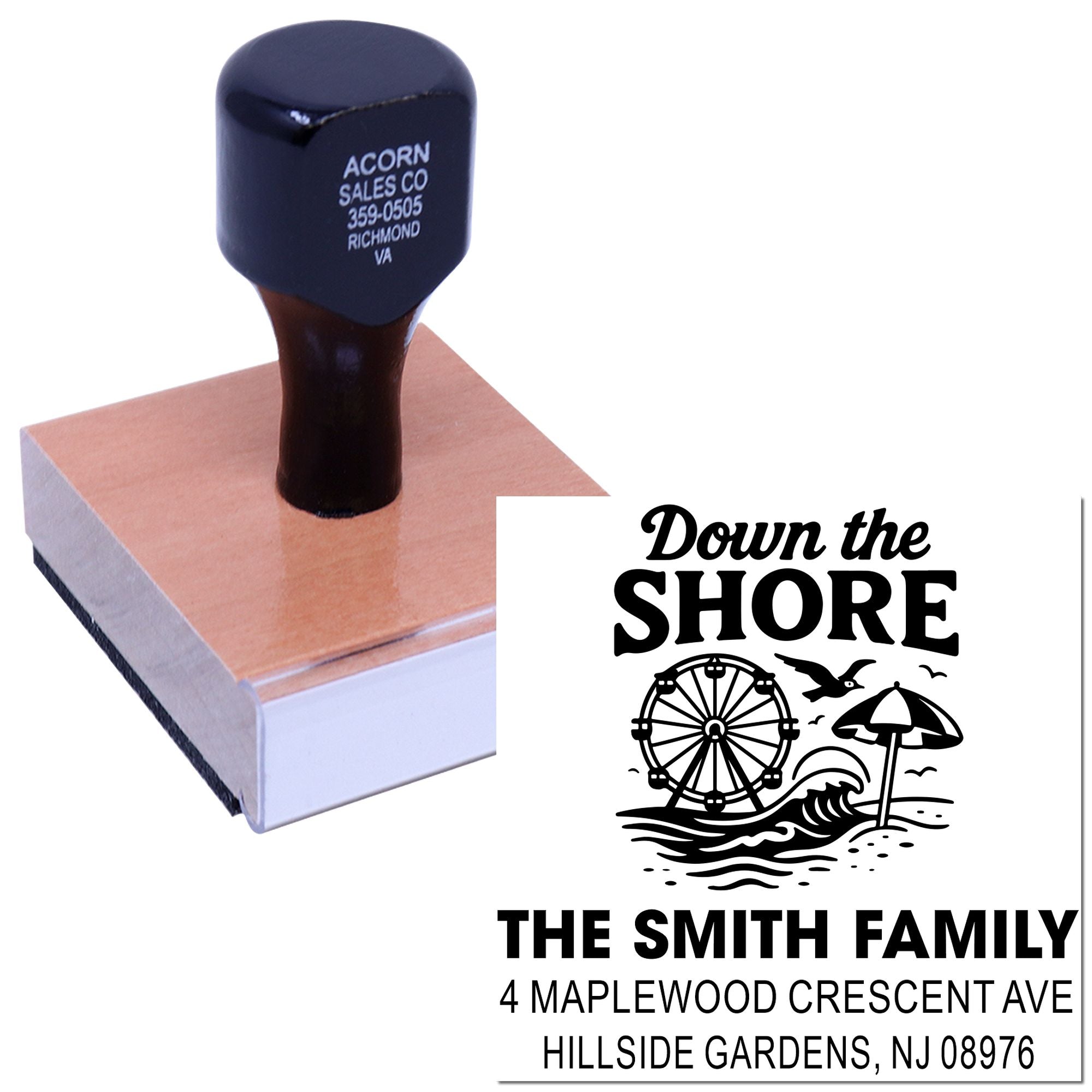 Custom rubber stamp with Down the Shore family design and return address for The Smith Family, Hillside Gardens, NJ.