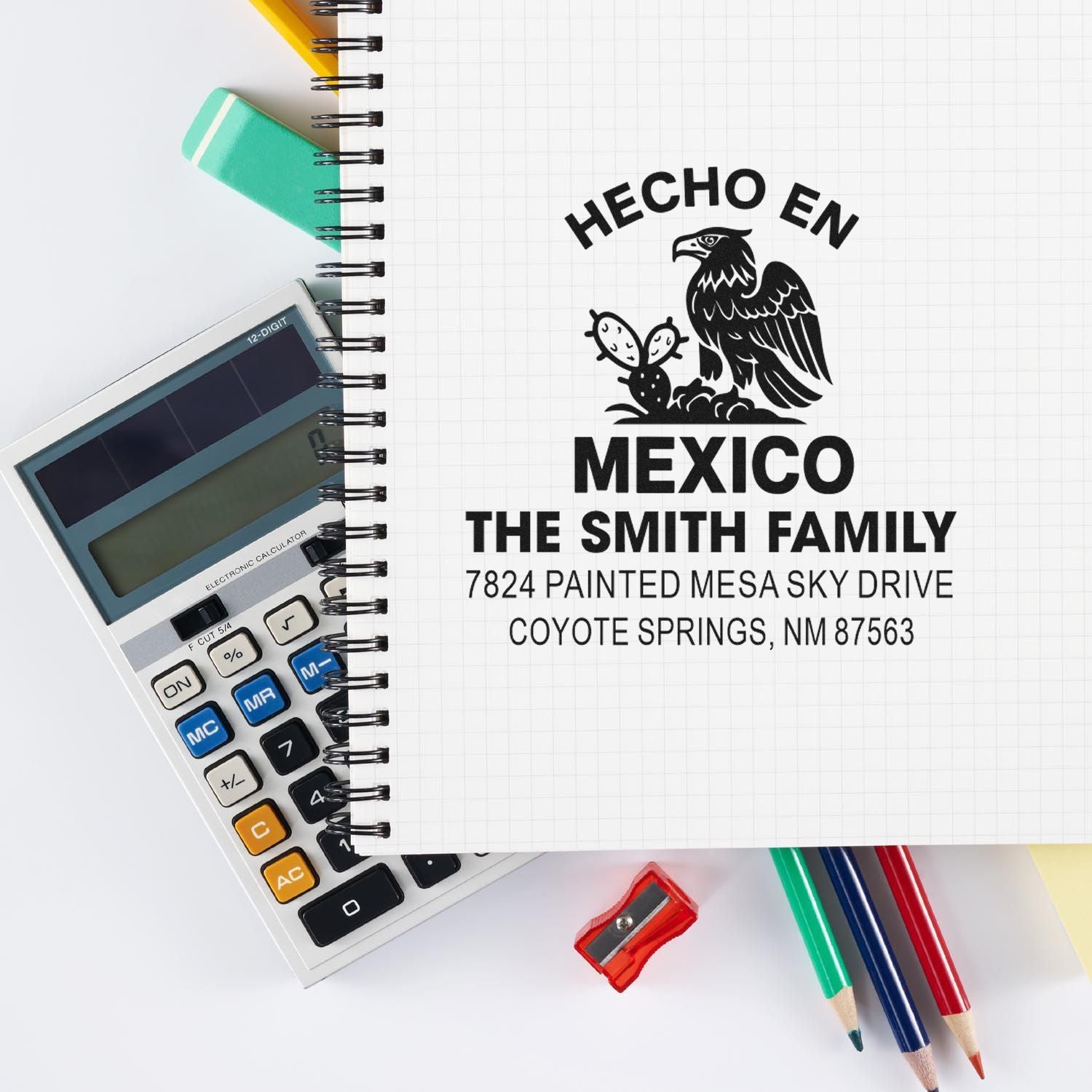 Custom family address rubber stamp mockup with Hecho en Mexico design, Smith family name, and address for mailing.