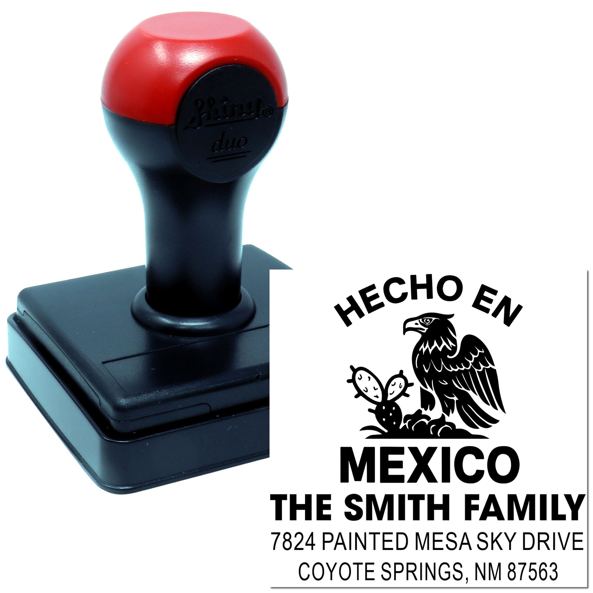 Custom self-inking rubber address stamp with Hecho en Mexico design for The Smith Family, featuring eagle graphic and address imprint.