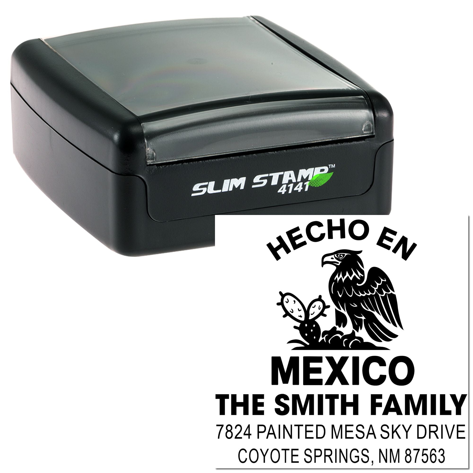 Custom self-inking rubber stamp with return address imprint and logo for The Smith Family in Coyote Springs, NM.