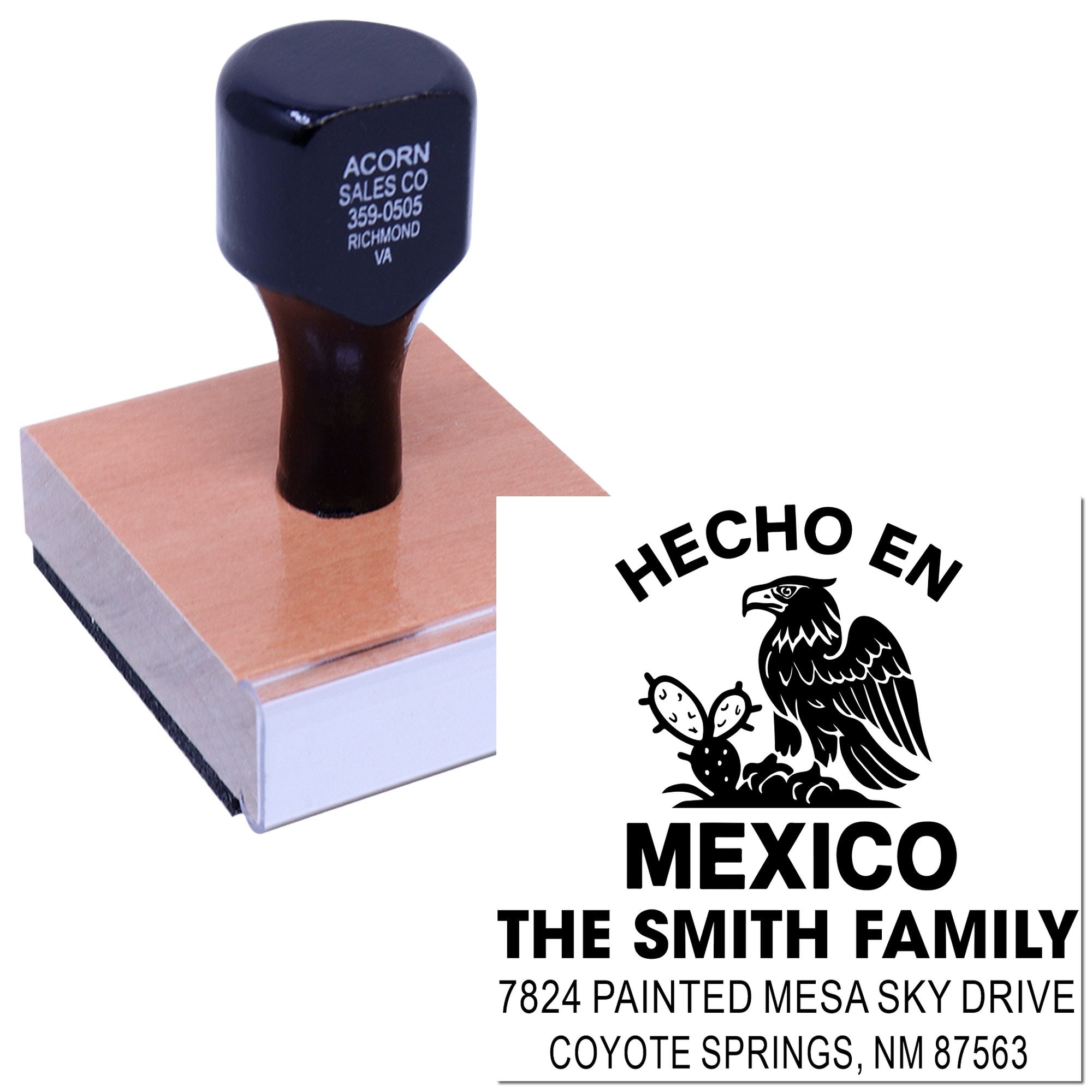 Personalized rubber stamp with Hecho en Mexico address imprint and eagle logo for custom family mailings