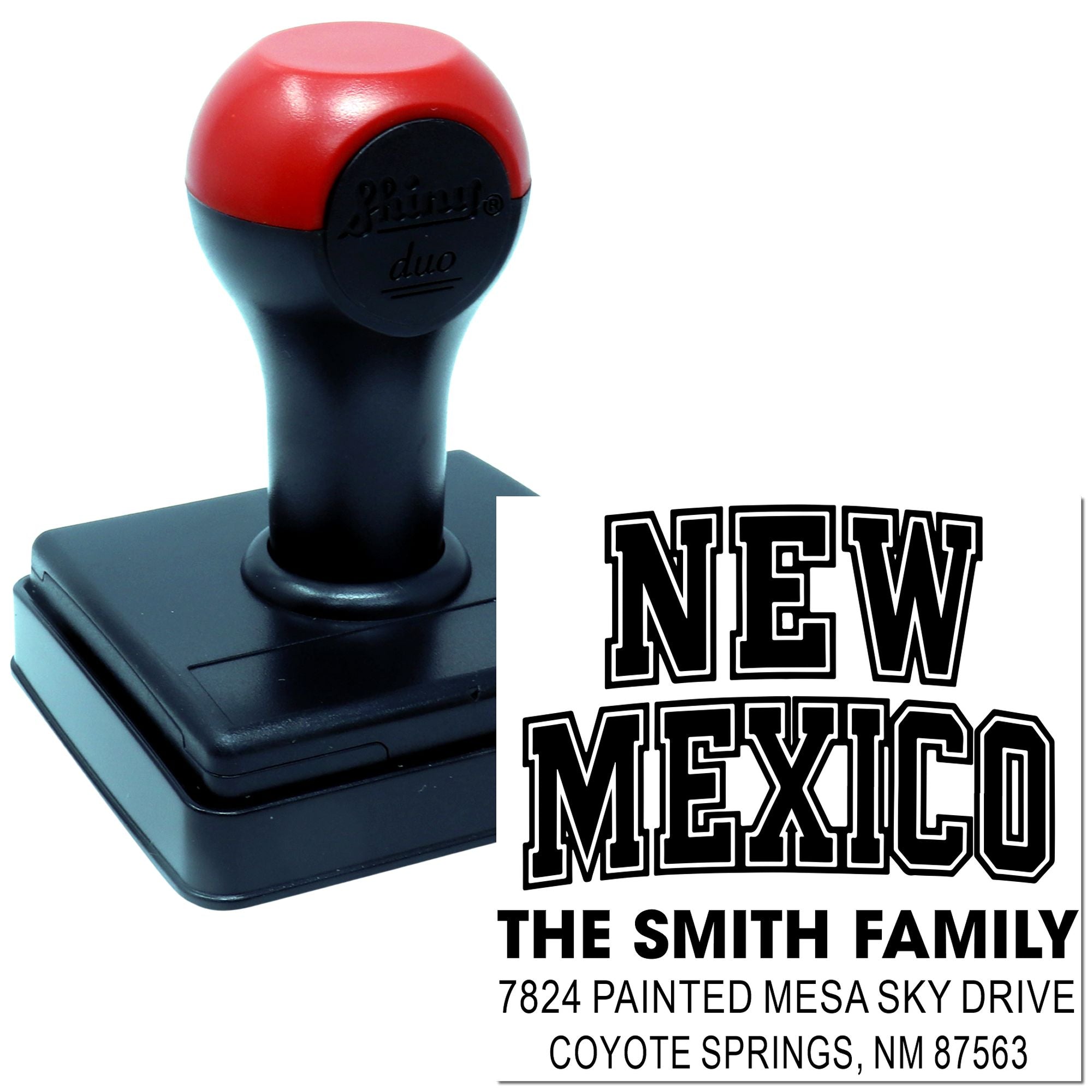 Custom self-inking rubber stamp for New Mexico family address labels, shown with sample imprint and mounted stamp.