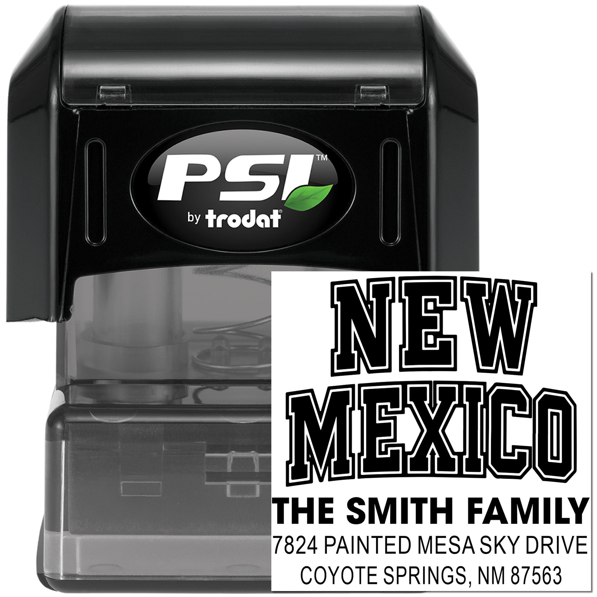 Custom self-inking address stamp for The Smith Family, Coyote Springs NM by PSI Trodat.