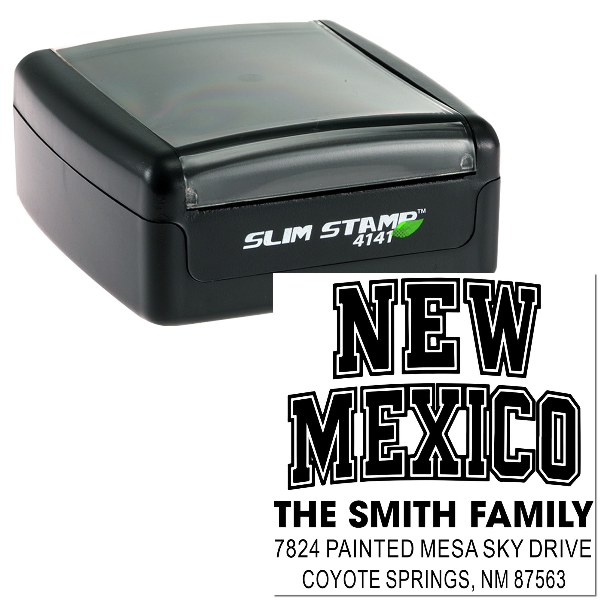 Custom self-inking Slim Stamp showing a New Mexico family address design for personalized rubber address stamps.