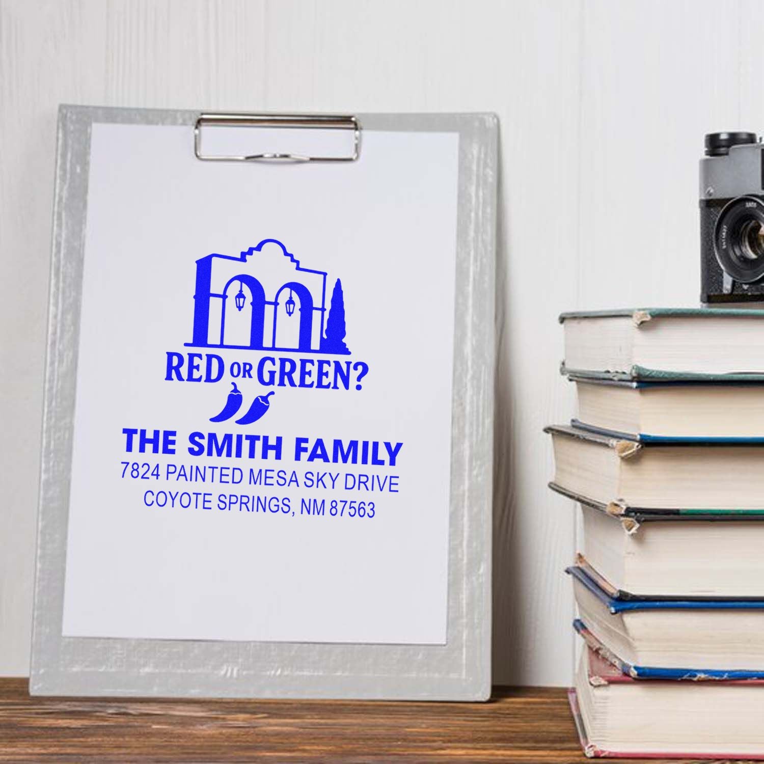 Custom family return address rubber stamp with chili pepper design for The Smith Family, Coyote Springs, NM