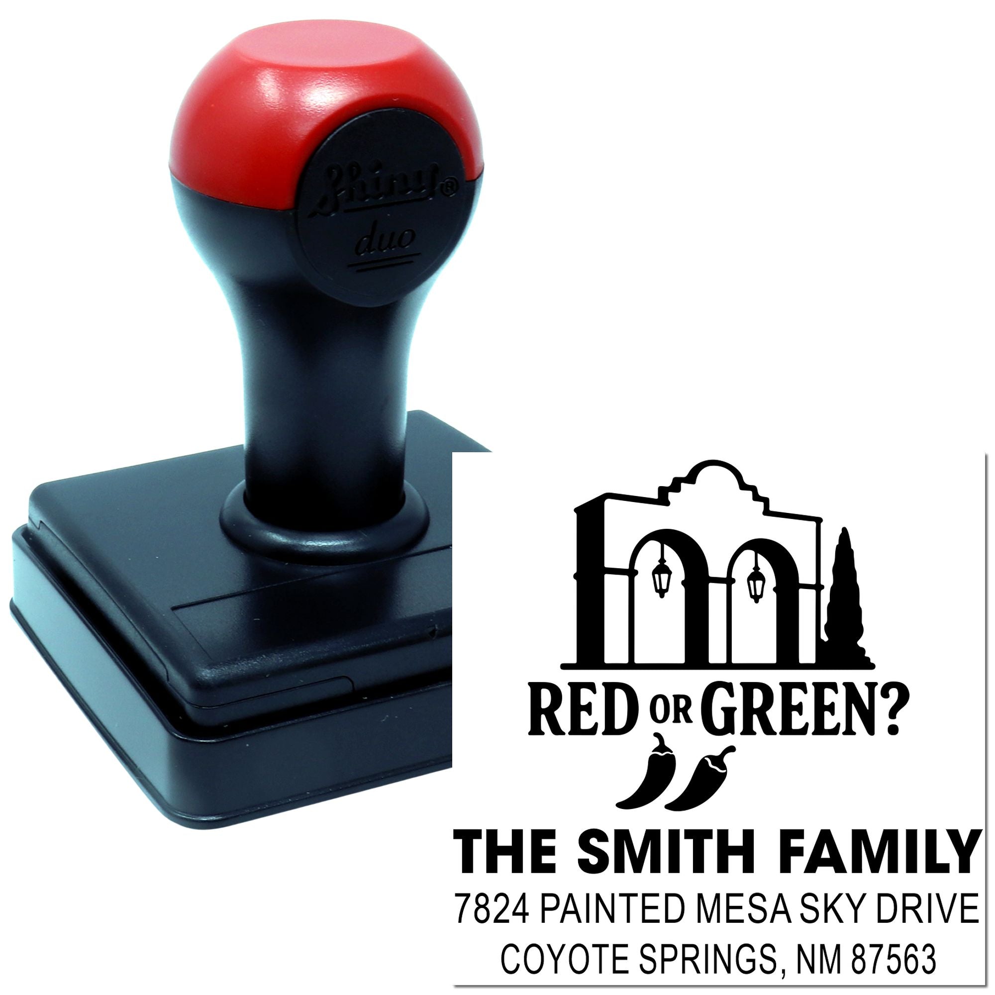 Custom self-inking rubber stamp for personalized family address labels, holiday cards, and mailings.