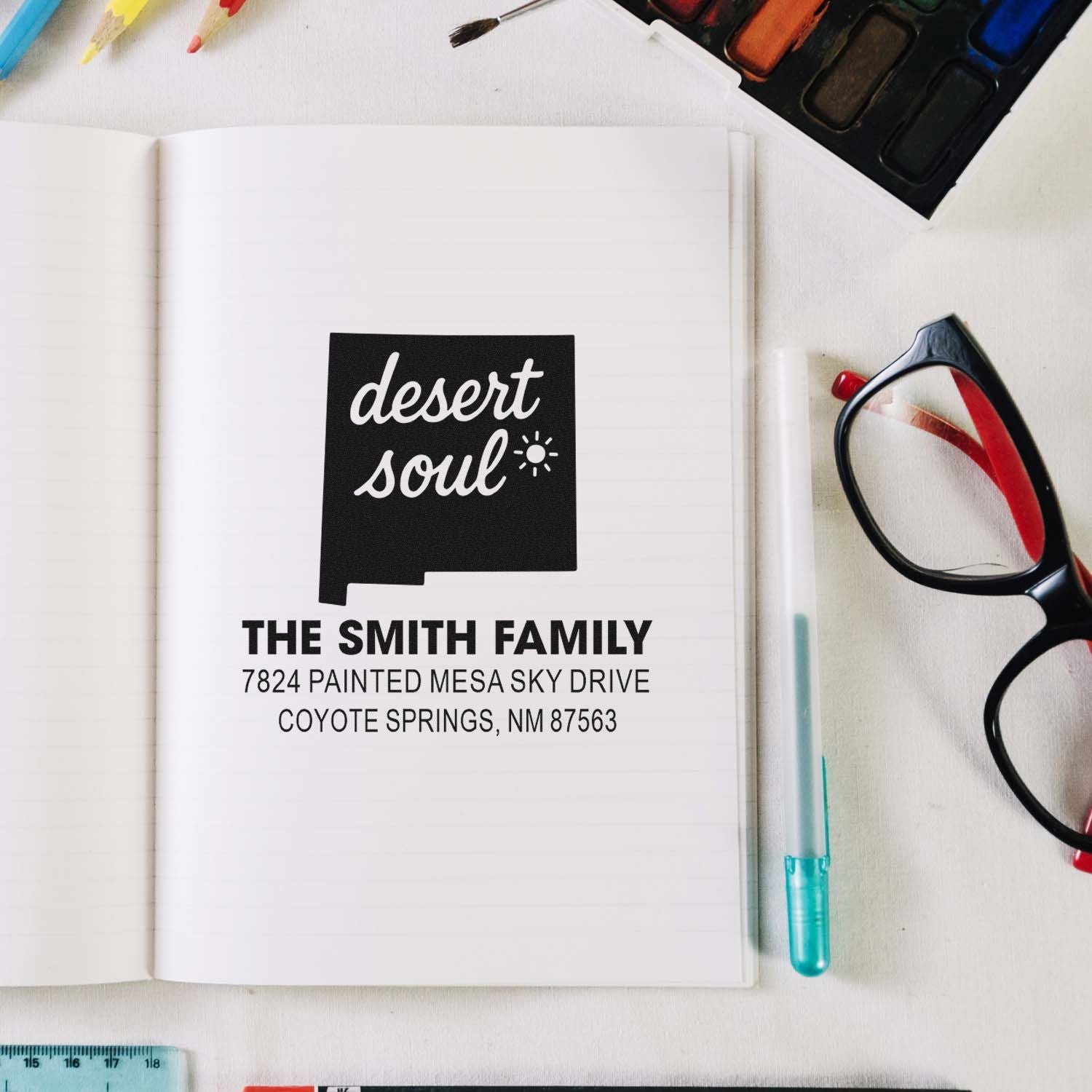 Personalized family return address rubber stamp with Desert Soul design for The Smith Family in Coyote Springs, NM.