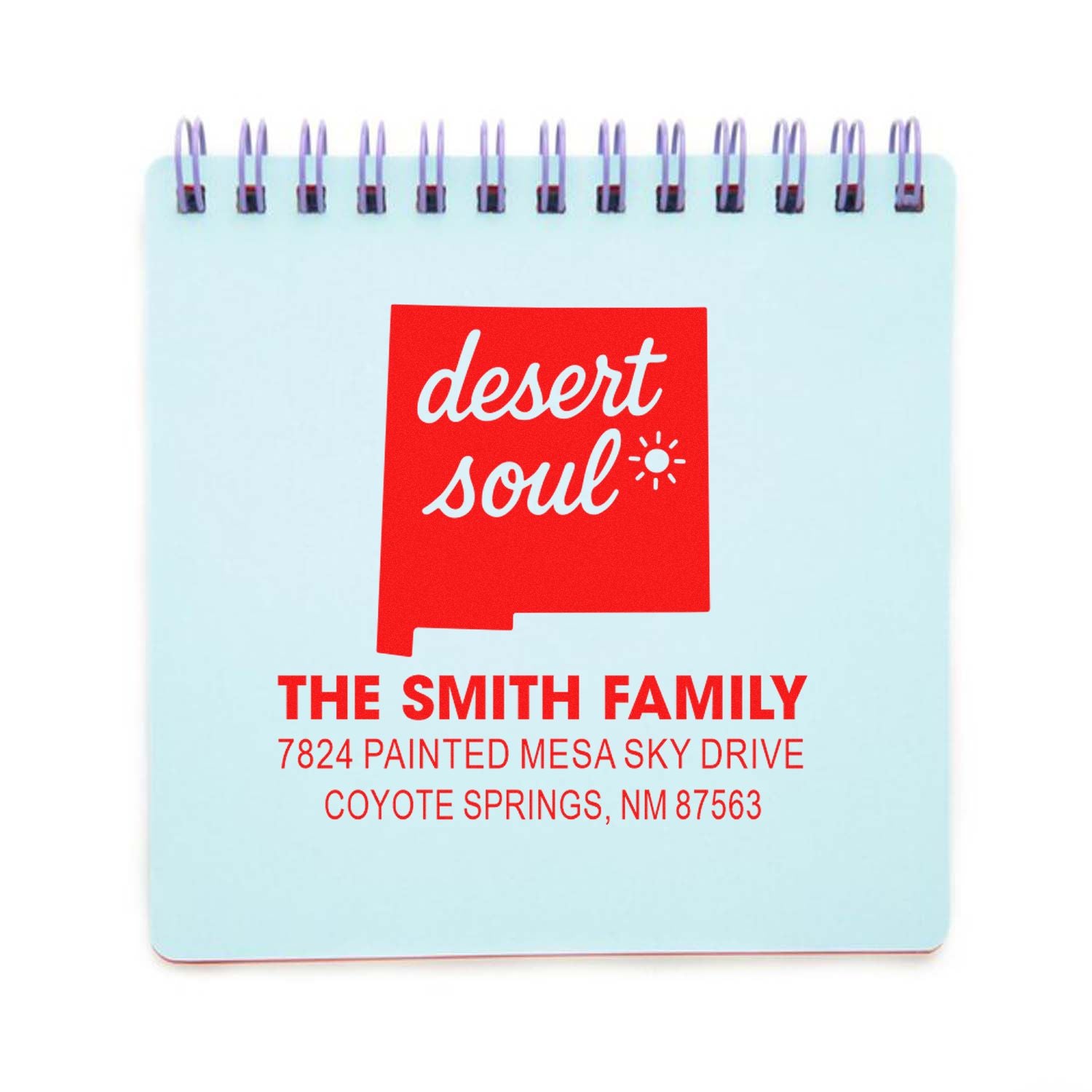 Custom return address rubber stamp design for The Smith Family with Desert Soul New Mexico logo.