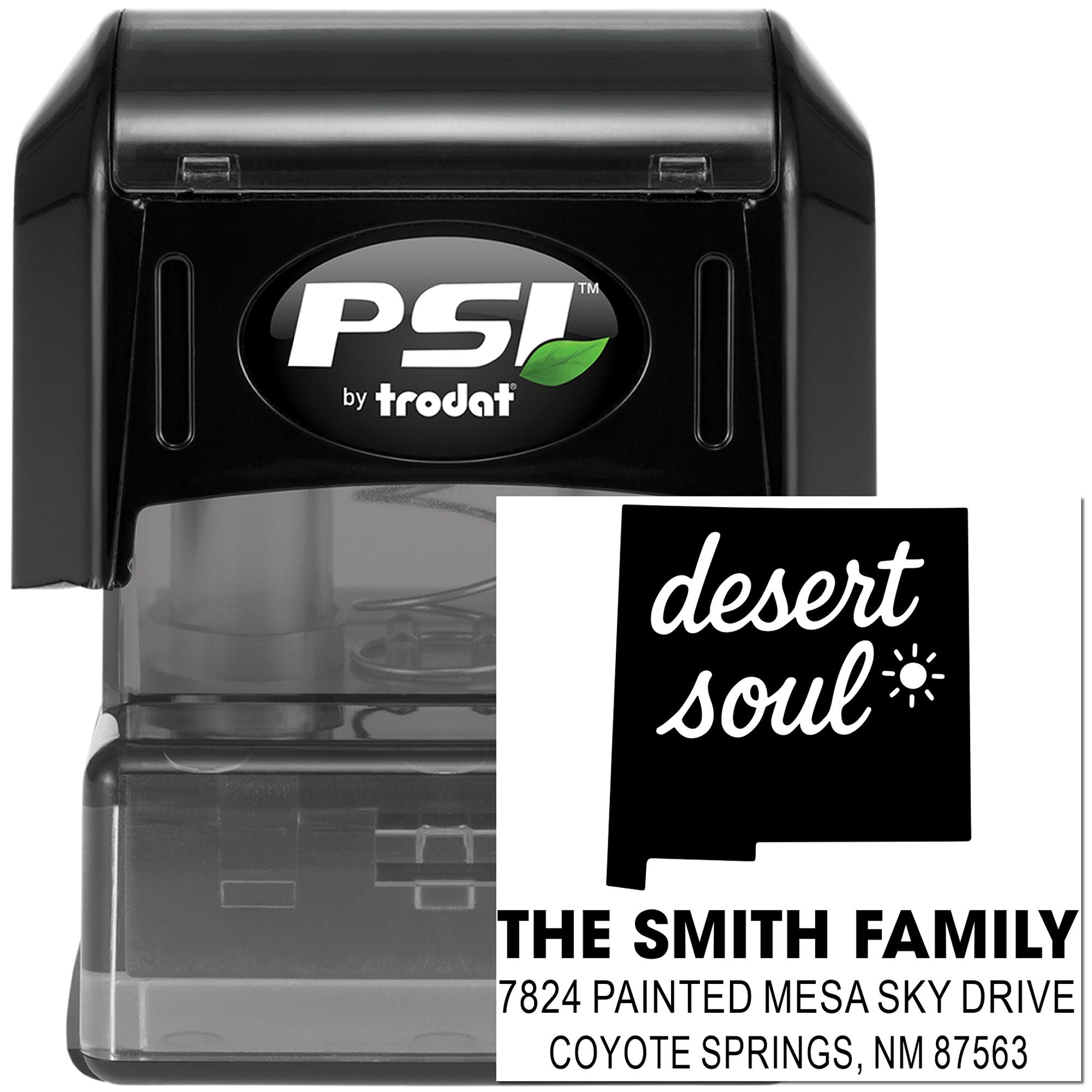 Custom self-inking address stamp with Desert Soul New Mexico family return address, PSI by Trodat.