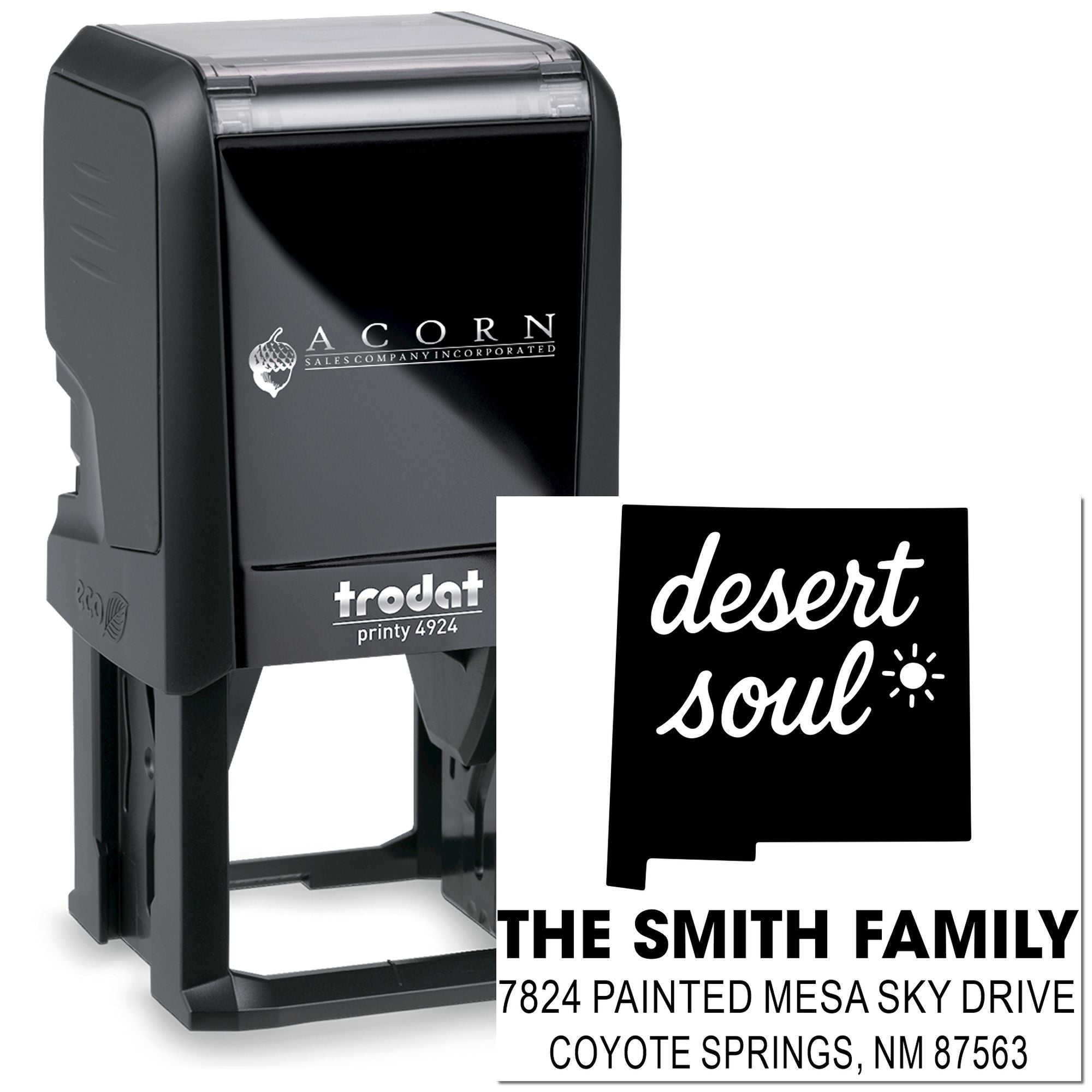 Custom self-inking rubber stamp for The Smith Family address with desert soul design, Coyote Springs, NM