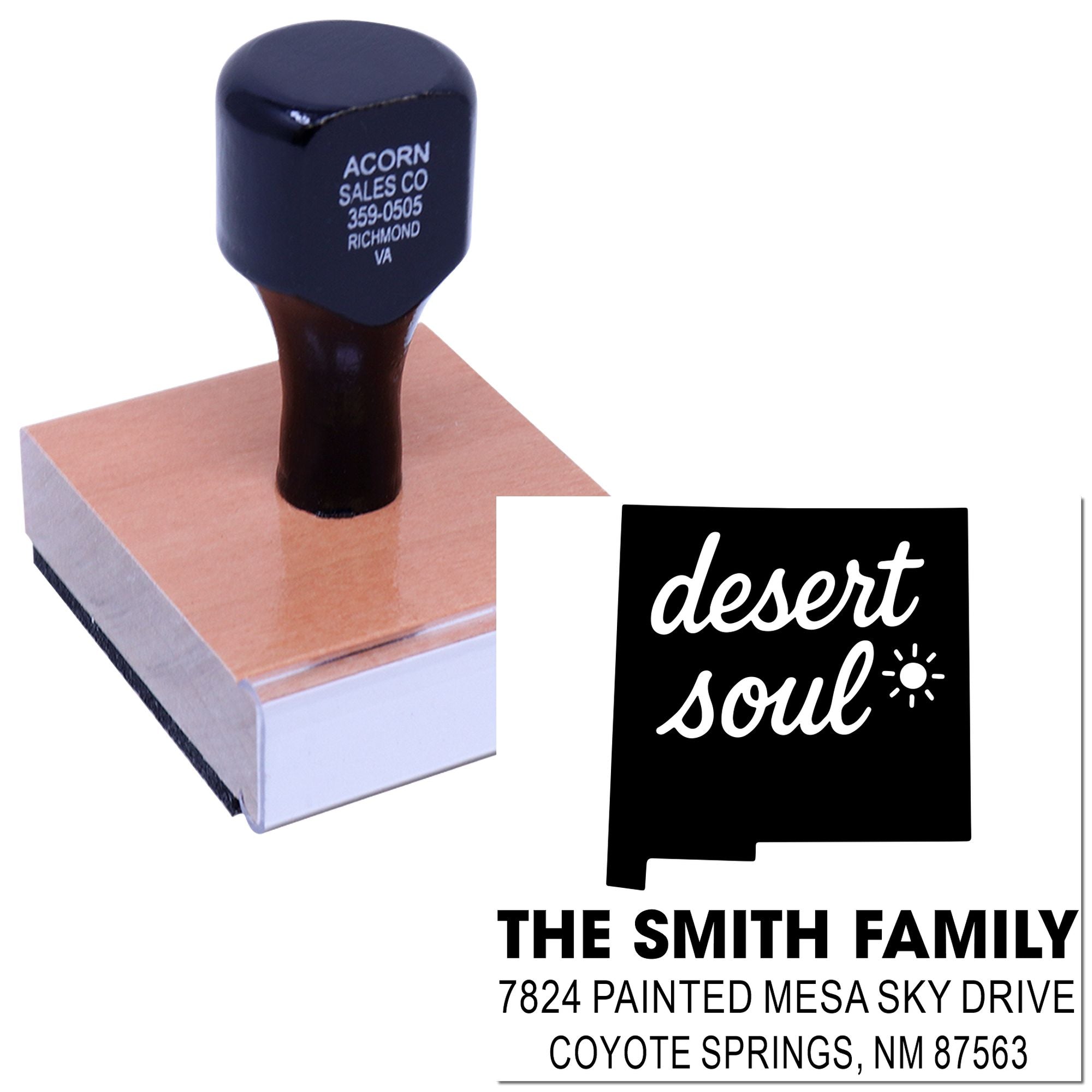 Custom rubber stamp with desert soul return address design for personalized family mail, envelopes, and branding.