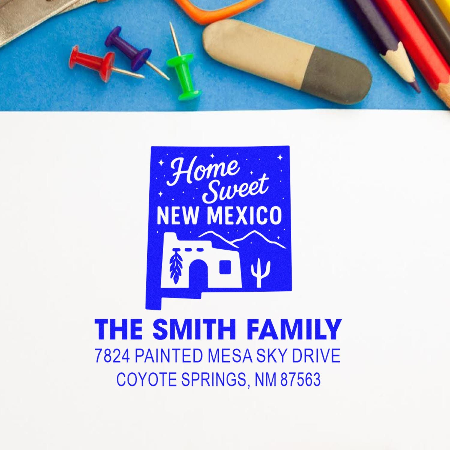 Personalized custom rubber stamp with Home Sweet New Mexico return address for The Smith Family in Coyote Springs, NM.