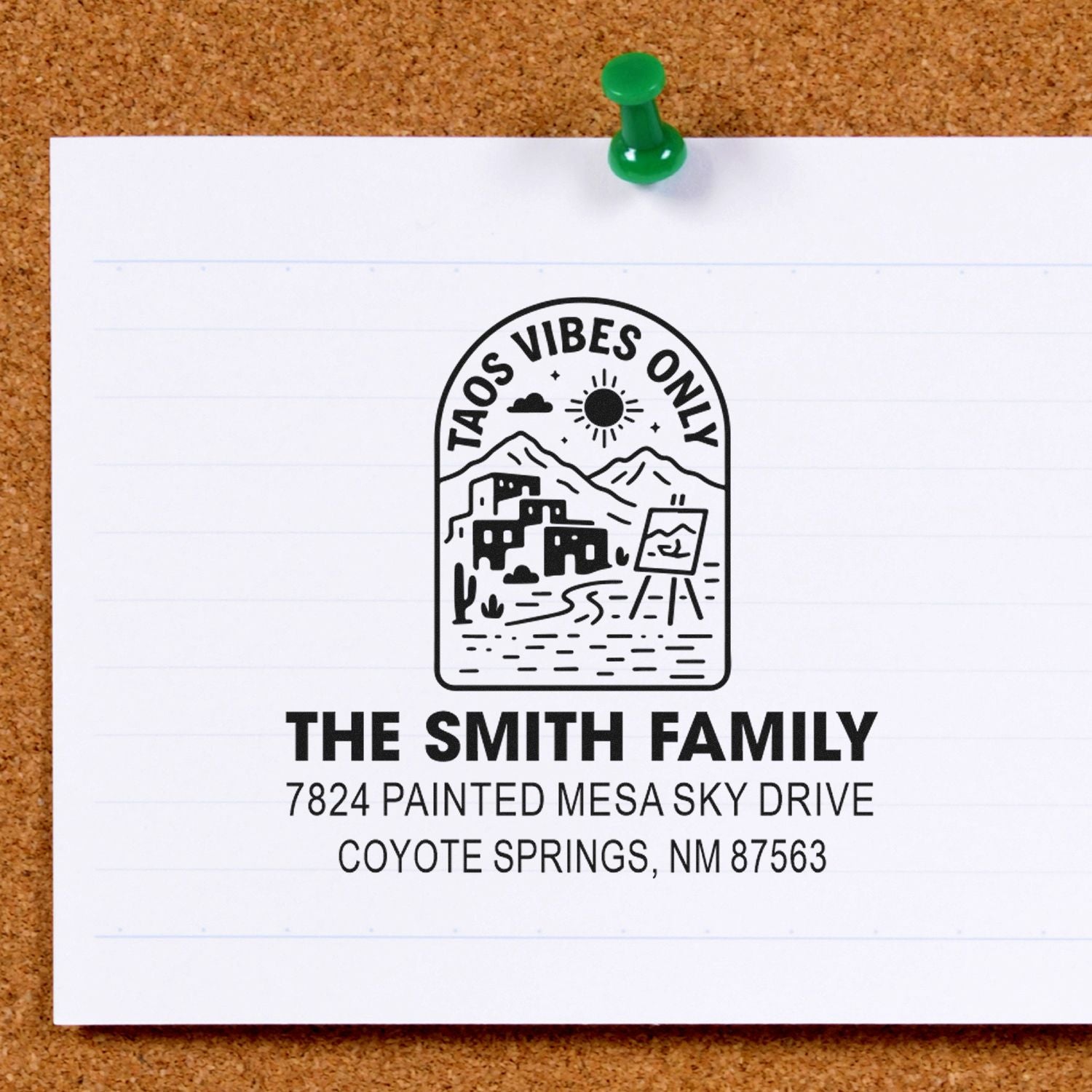 Custom return address rubber stamp with Taos Vibes Only artwork for The Smith Family, Coyote Springs, New Mexico.