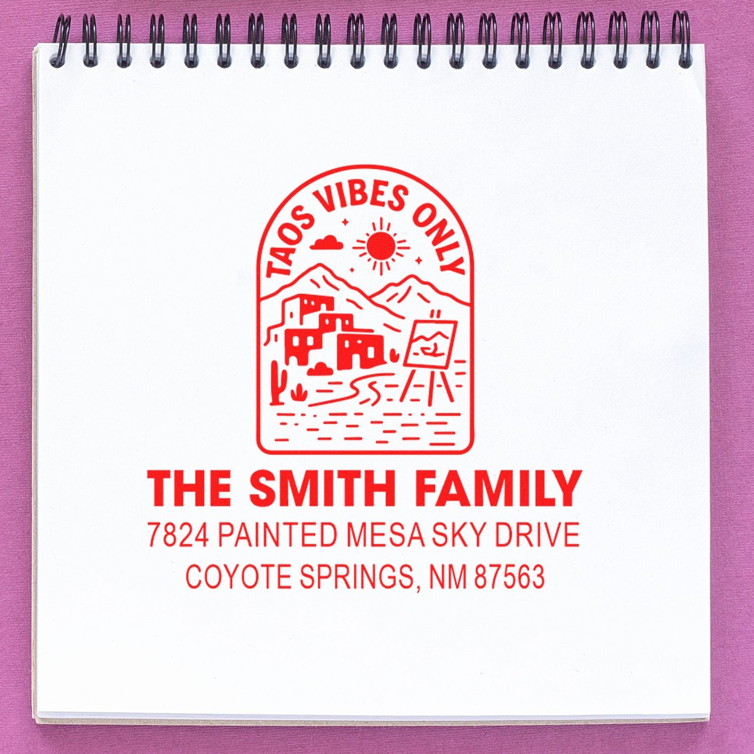 Custom rubber address stamp with desert artwork and The Smith Family return address for Coyote Springs, NM.