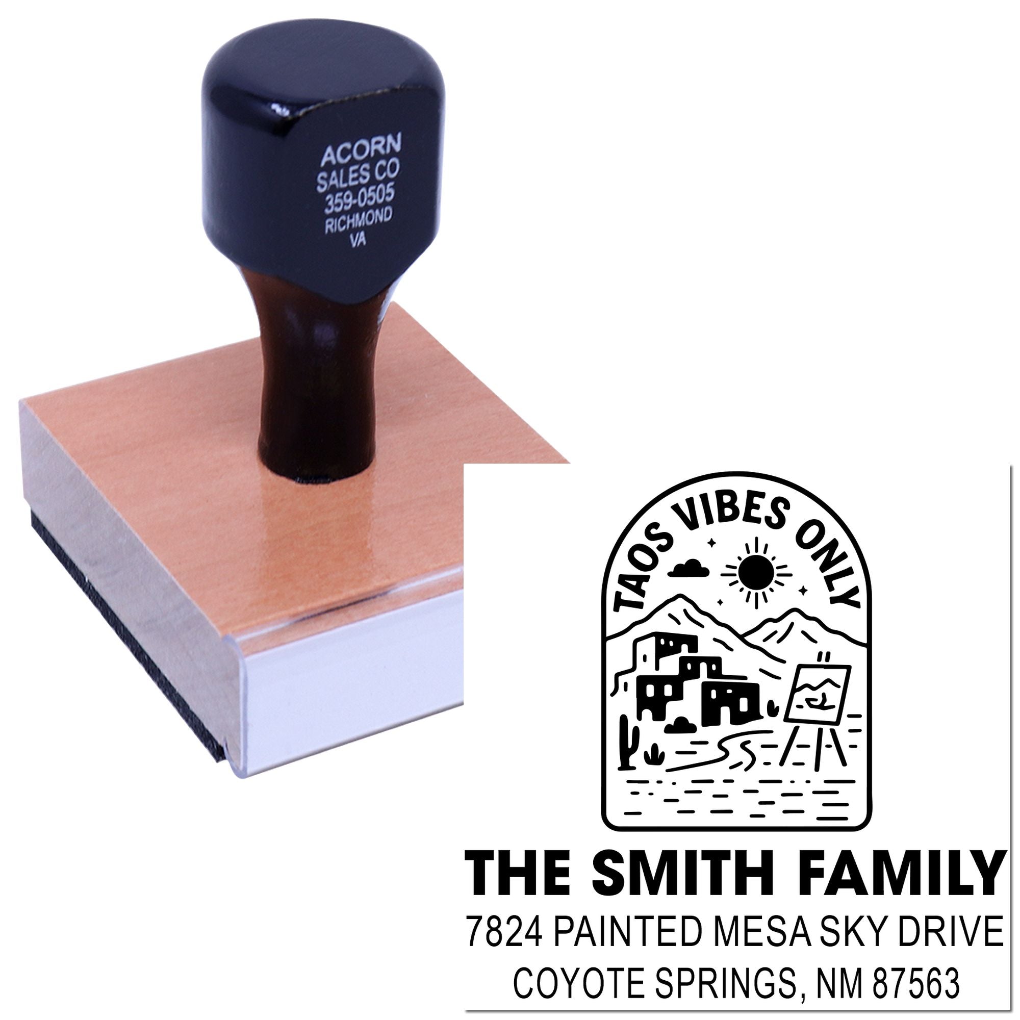 Custom rubber stamp with personalized family logo and address for envelopes, branding, and mailing.