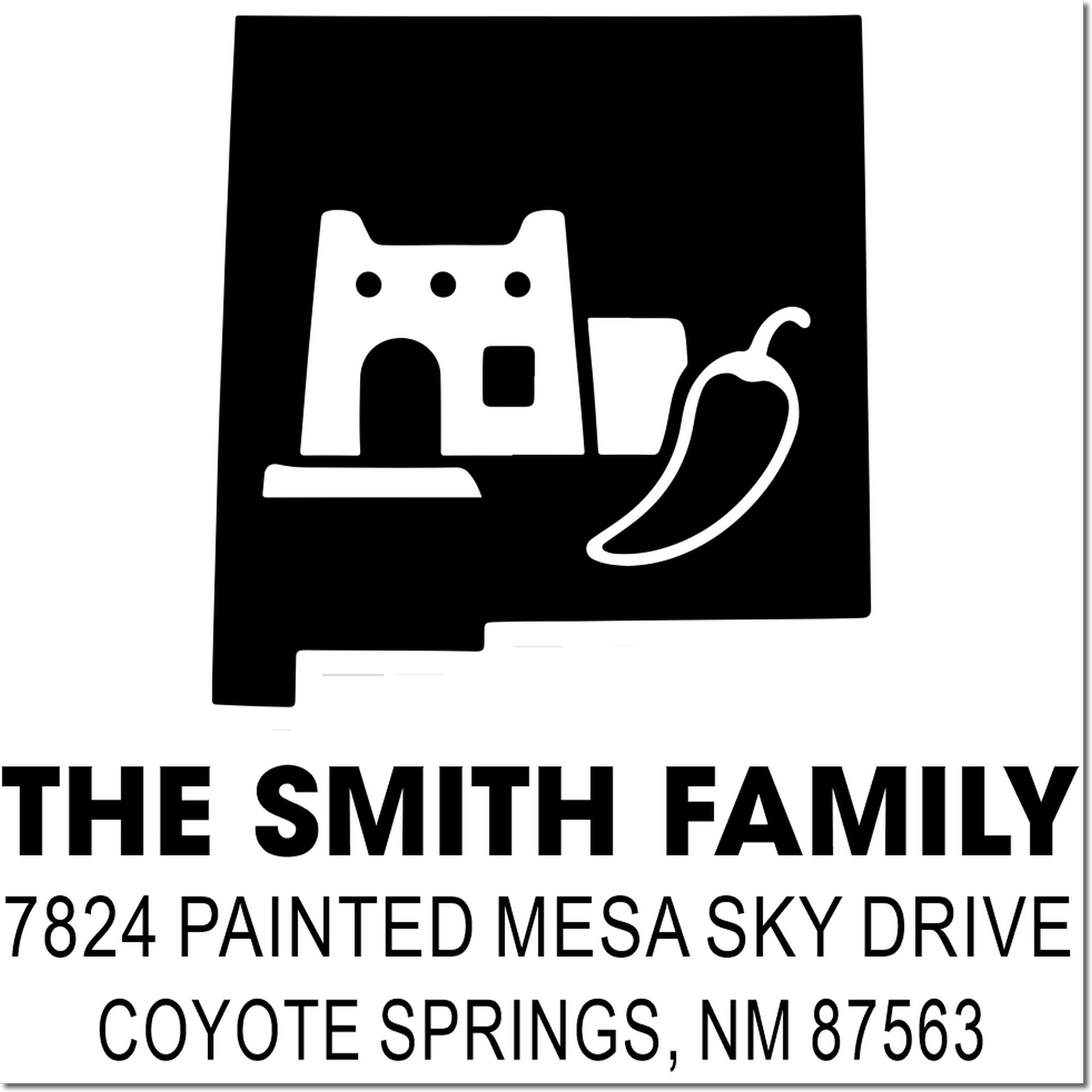 Custom return address rubber stamp for The Smith Family, Coyote Springs, NM, with house and chili pepper logo.